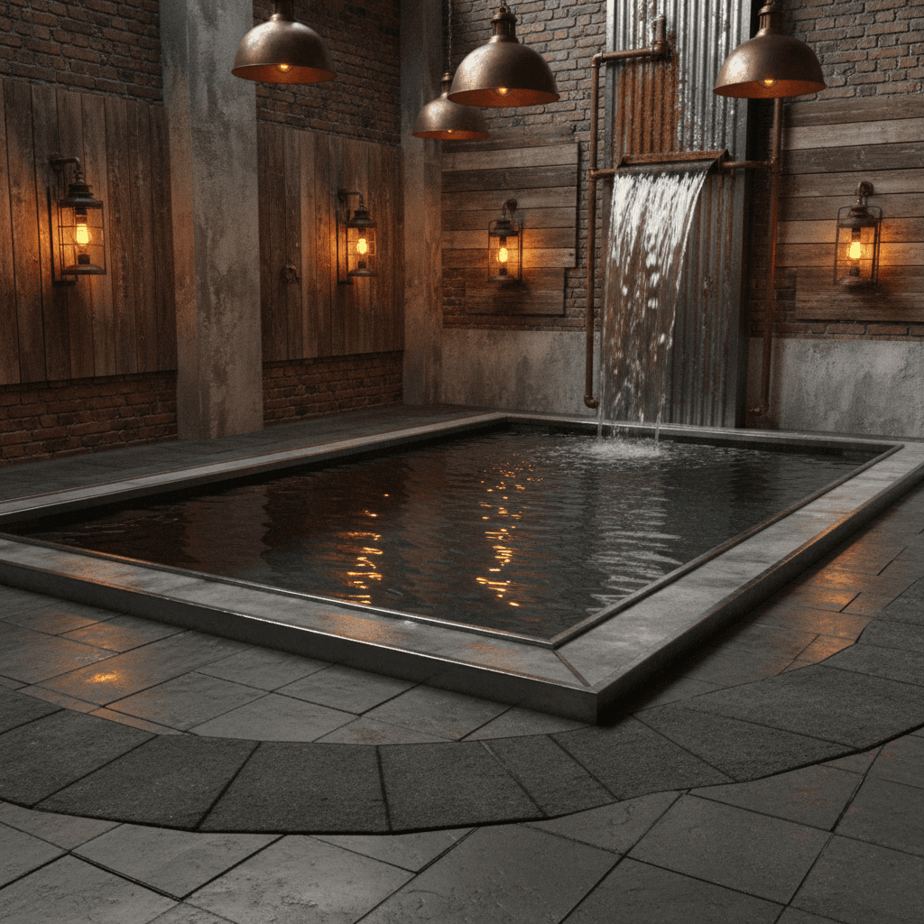 Design an Industrial-style Pool Area with a metallic sheen, where reclaimed wood accents and exposed brick walls create a rugged, edgy atmosphere. The space features a large, rectangular pool with a steel-framed deck and concrete coping, surrounded by a ring of concrete pavers in a dark grey color. Weathered wooden planks and metal lanterns in a distressed finish adorn the walls, while a show-stopping metal water feature cascades down one side of the pool. Industrial-style pendant lights in a bronze hue hang above the pool, illuminating the space with a warm, industrial glow. - Industrial Pool designed with AI by Interiores AI