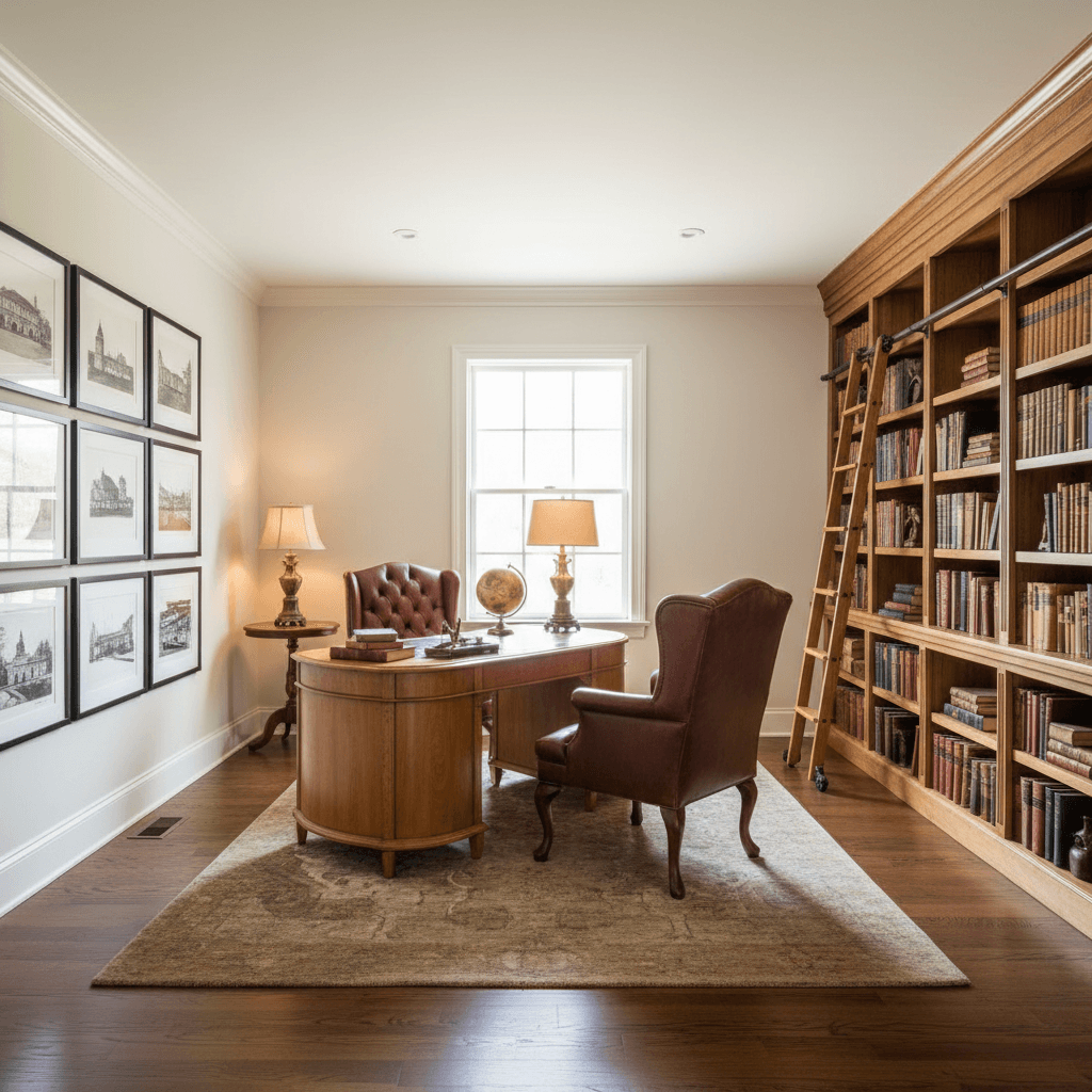 Design a Home Office in Updated Classic style, featuring a rich and timeless aesthetic. The space is approximately 120 square feet, with a rectangular shape and a 10-foot ceiling. Walls are painted a warm, creamy white (Benjamin Moore's Simply White). The floor is made of wide-plank, dark hardwood oak, polished to a soft sheen. A plush area rug in a muted, earthy tone (beige and brown) defines the workspace. A statement piece, a vintage-inspired, curved wooden desk in a warm, honey-colored finish, sits in front of a floor-to-ceiling window, allowing natural light to pour in. Leather-bound, high-backed chairs in a rich, dark brown leather complement the desk. Soft, golden lighting emanates from table lamps with ornate, bronze accents, casting a warm glow on the space. The walls are adorned with classic, black and white framed prints, and a floor-to-ceiling bookshelf in a warm, wood tone stores volumes - Updated Classic Office / Home Office designed with AI by Interiores AI
