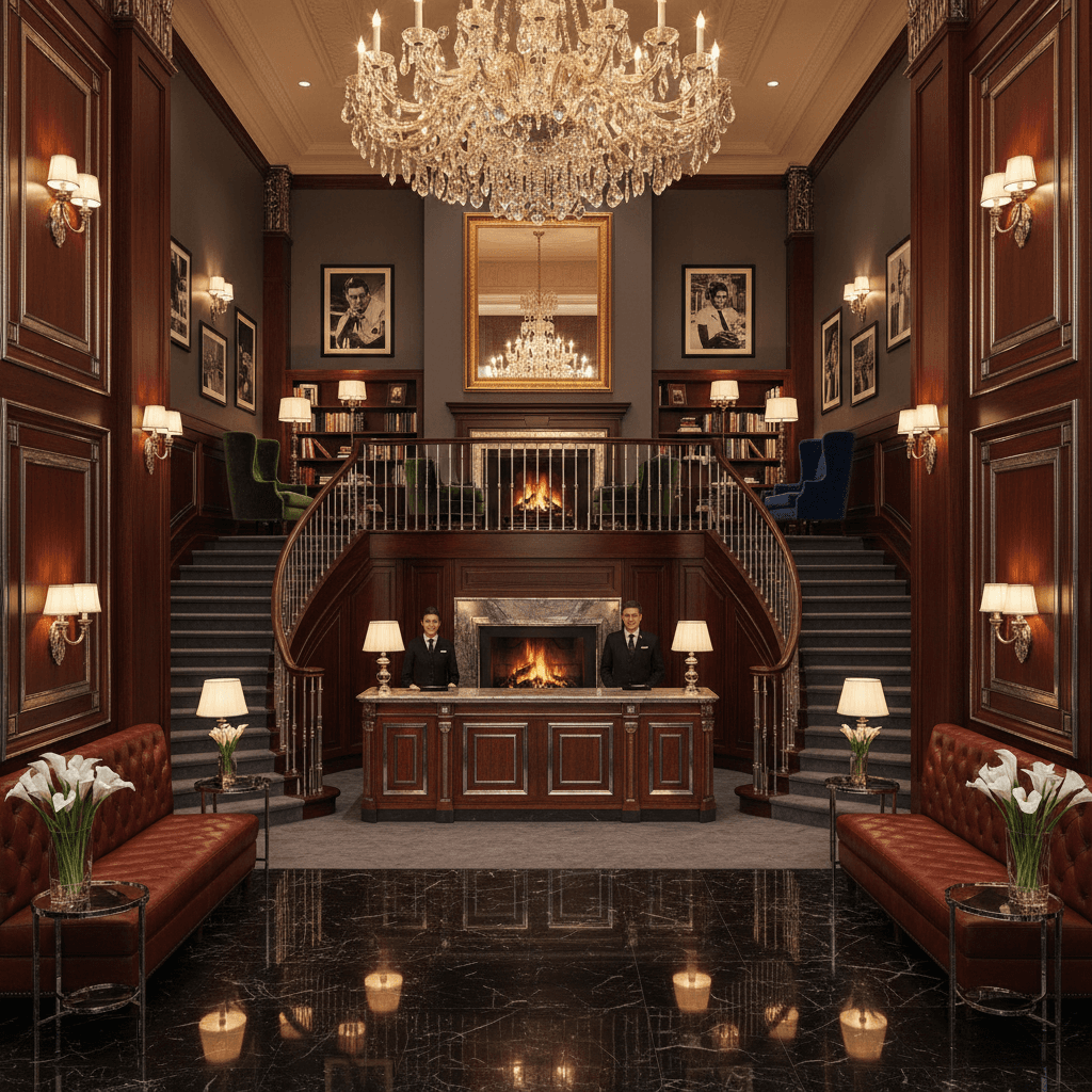 Design a corporate office in the style of old Hollywood glamour, reminiscent of the 1930s and 1940s. The space should feature rich, luxurious materials such as dark wood paneling, polished chrome accents, and plush velvet upholstery. Walls should be painted a deep, cool grey, while floors are made of polished black marble. The lighting is sophisticated, with crystal chandeliers and table lamps providing warm, golden tones. A stunning, oversized lobby features a grand staircase and a statement piece: a 20-foot-tall, ornate wooden desk with intricate carvings. The reception area is lined with rich, red leather banquettes, and the office spaces are defined by floor-to-ceiling, ornate wooden doors. A sweeping, curved staircase leads to a mezzanine level, where a lounge area features plush, oversized armchairs and a roaring fireplace. Throughout the space, vintage Hollywood-inspired artwork and antique decorative pieces add to the luxurious, nostalgic atmosphere. - Hollywood Glam Corporate Office designed with AI by Interiores AI