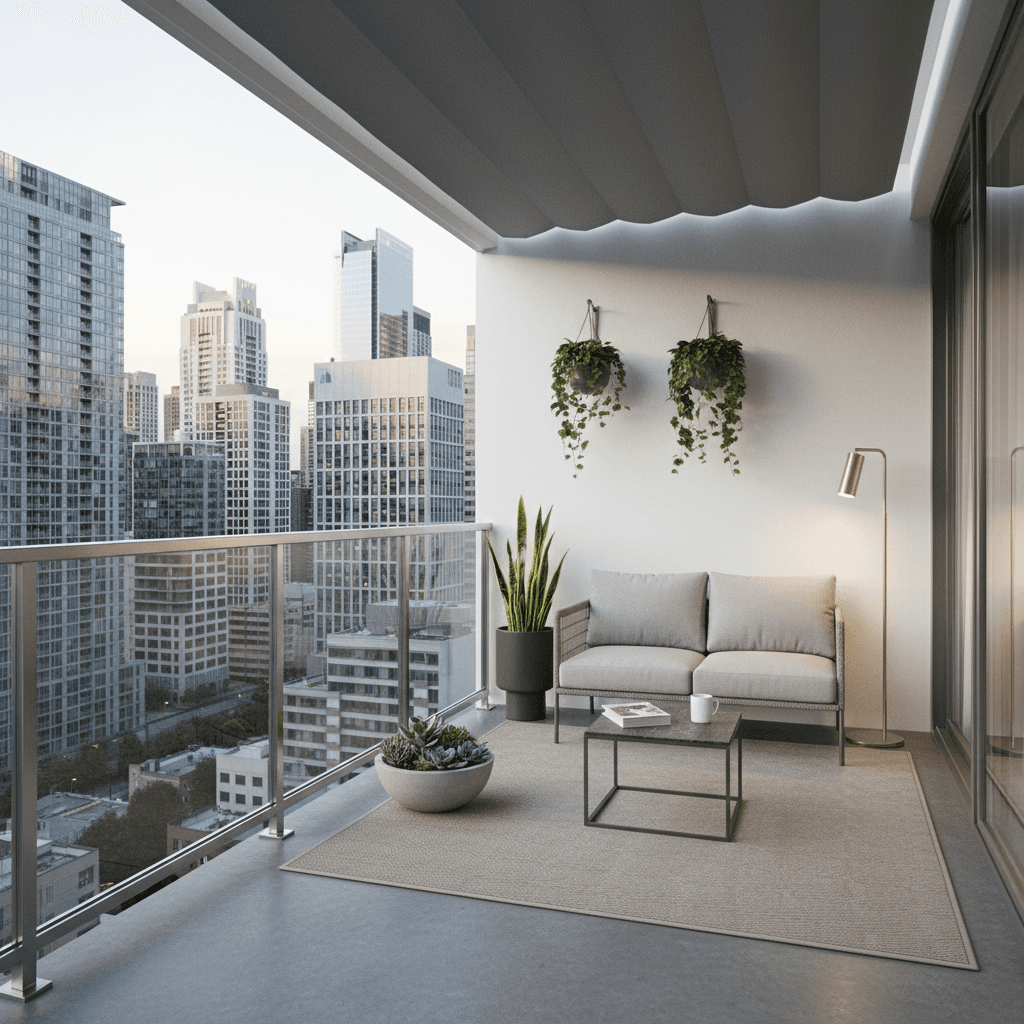 Create a compact urban balcony with a sleek and modern aesthetic, perfect for city dwellers. The balcony is approximately 4 feet wide and 8 feet long, with a small railing and a few scattered potted plants. The walls are painted a crisp white, while the floor is made of dark gray concrete. The balcony is partially shaded by a retractable canopy, which opens to reveal a stunning city skyline view. Incorporate a compact sofa in a light gray fabric, paired with a small coffee table and a floor lamp in a metallic finish. Add a few potted plants with modern planters, and a small outdoor rug in a neutral tone to define the seating area. The overall atmosphere is cozy and intimate, with a touch of industrial chic. - Compact Urban Balcony designed with AI by Interiores AI