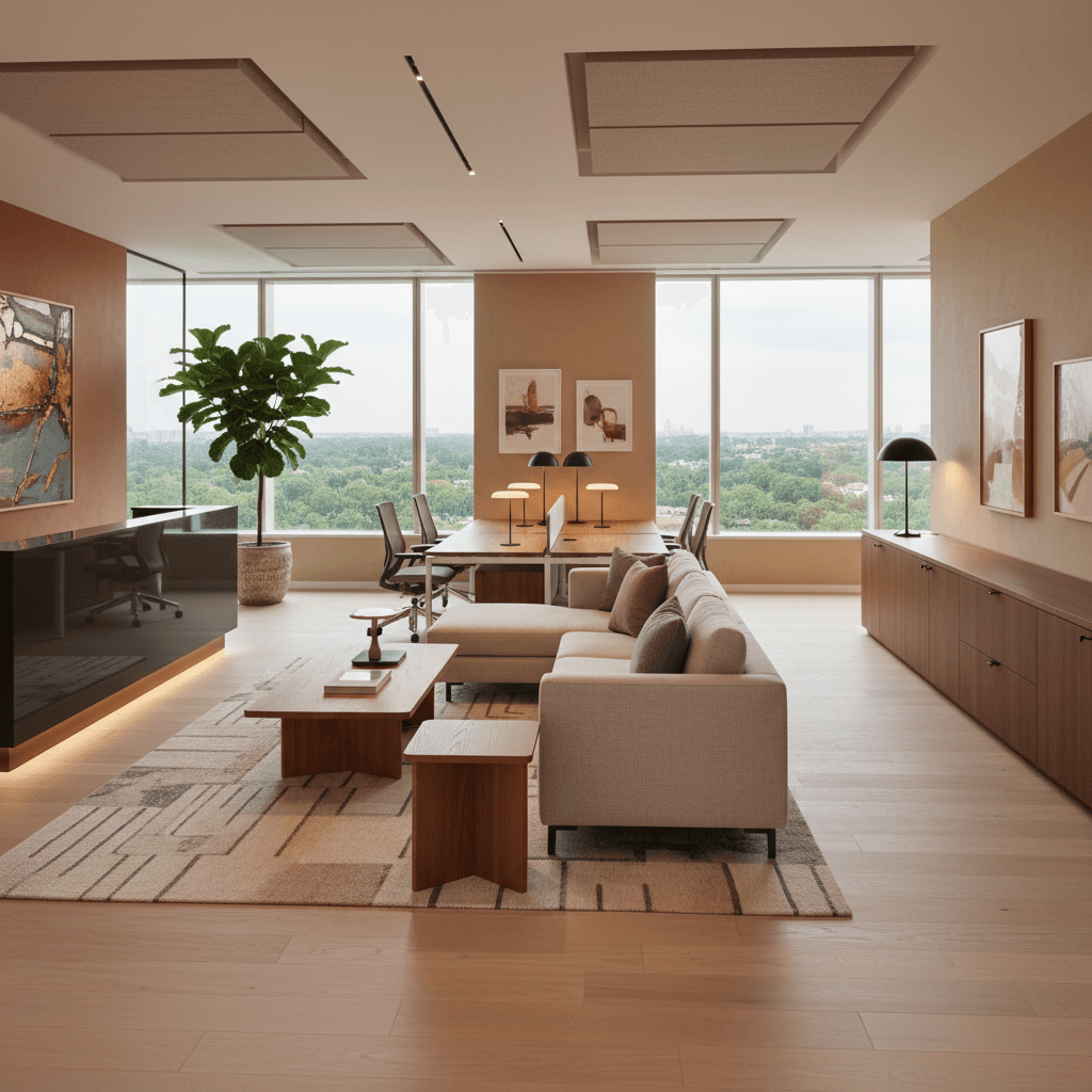 Design a corporate office with a warm minimalism aesthetic, featuring a soothing color palette and natural materials. The space should include a reception area with a sleek, wooden reception desk and a comfortable seating area with a sectional sofa in a light beige fabric, accented with warm-toned wooden side tables. The main work area should be filled with minimalist desks and chairs in a polished walnut finish, paired with floor-to-ceiling windows offering a view of the outdoors. The walls should be painted a warm, earthy tone, such as Terracotta or Sandy Beige, and adorned with a few carefully selected pieces of abstract art in metallic tones. Soft, warm lighting should be provided by table lamps with linen shades and floor lamps with minimalist metal shades, adding a cozy ambiance to the space without compromising its modern feel. - Warm Minimalism Corporate Office designed with AI by Interiores AI