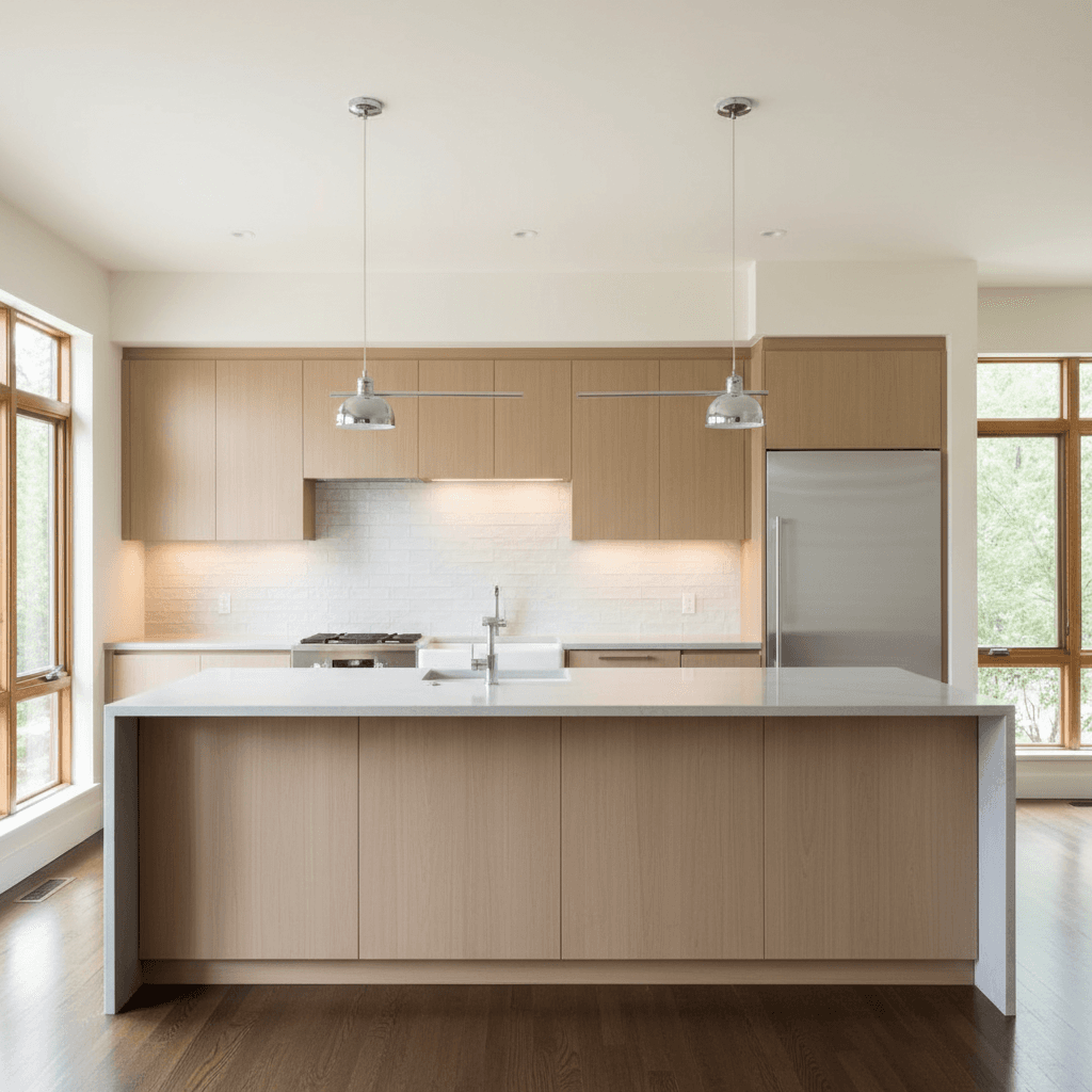 Design a sleek and sophisticated Modern Contemporary kitchen with a 12-foot-long island as its centerpiece. The space features a light gray quartz countertop with a subtle white subway tile backsplash and a large, wall-mounted, farmhouse-style sink. Floor-to-ceiling windows with a minimalist wooden frame allow for an abundance of natural light, while LED under-cabinet lighting adds a touch of modernity. A sleek, low-profile gas range and a matching stainless steel refrigerator are paired with a pair of pendant lights above the island, suspended from a polished chrome rod. The walls are painted a crisp, creamy white, and the floors are made of wide-plank, dark hardwood. The overall atmosphere is one of calm, modern luxury, with a focus on clean lines, minimal ornamentation, and an emphasis on functional, high-end design. - Modern Contemporary Kitchen designed with AI by Interiores AI