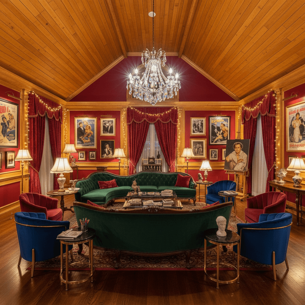 Design a Creative Workshop inspired by the iconic Hollywood Glam era, with a rich, luxurious atmosphere that echoes the golden age of Tinseltown. The space features high ceilings, adorned with a warm, honey-colored wooden paneling, and walls painted a deep, rich red (think 1920s opulence). Plush, oversized furniture with ornate carvings and velvet upholstery adds to the glamour, including a statement, curved sectional sofa in a jewel-toned emerald green. Accent chairs with intricate gold hardware and tufted velvet cushions are scattered throughout, creating cozy conversation areas. A show-stopping, crystal chandelier hangs from the ceiling, casting a kaleidoscope of colors across the space. Warm, golden lighting, courtesy of a combination of table lamps, floor lamps, and string lights, imbues the room with a sense of sophistication and glamour. The floor is adorned with a rich, dark hardwood, and the walls are adorned with vintage movie posters, gold-framed photographs - Hollywood Glam Creative Workshop designed with AI by Interiores AI