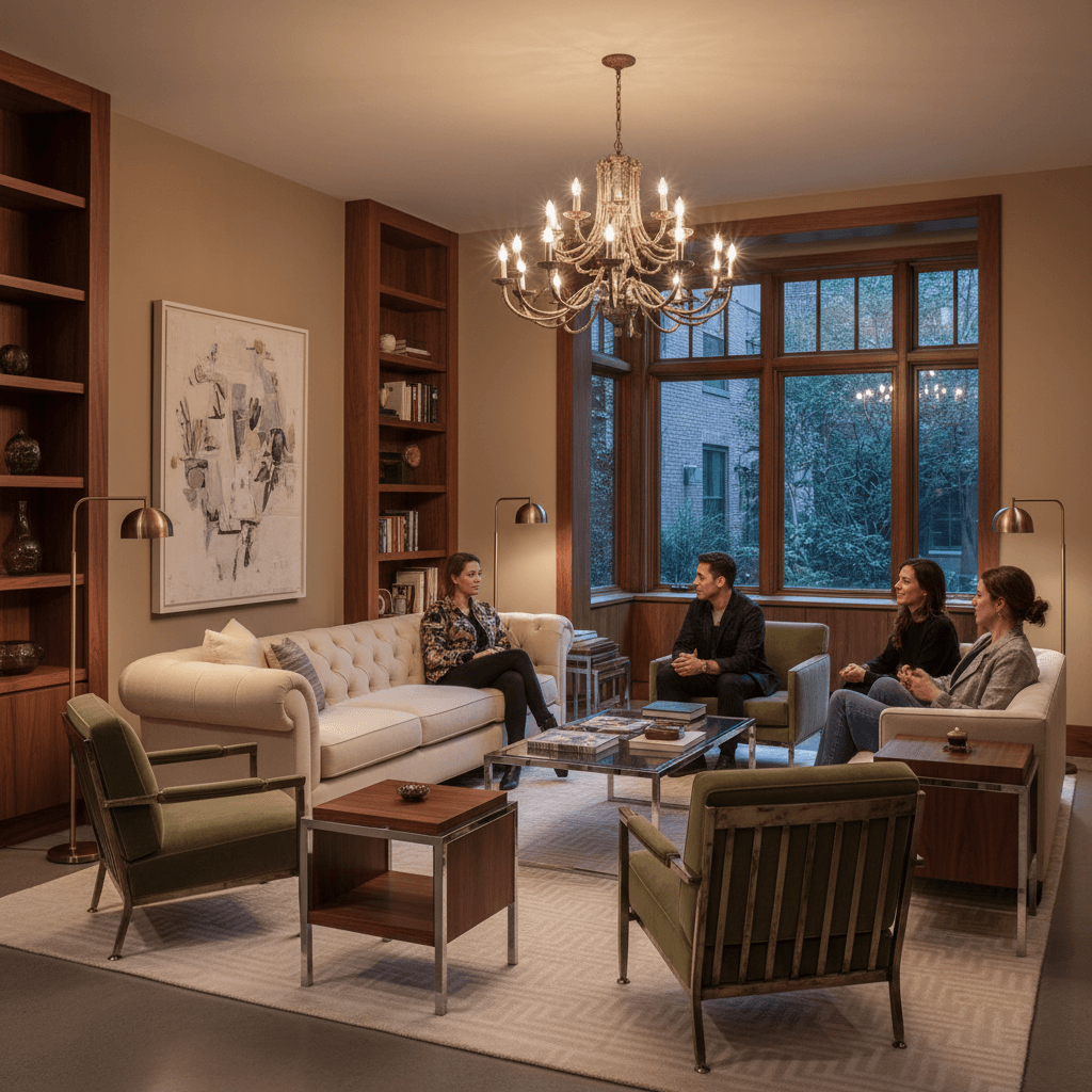 Create a Main Living Room in a Vintage Modern style, with a neutral color palette featuring warm beige walls (Benjamin Moore's Sandy Dunes), rich walnut wood accents, and plush cream-colored sectional sofas (Chesterfield-inspired) with rolled arms and tufted upholstery. Accent chairs are adorned with intricate metalwork and upholstered in a deep, mossy green velvet. Vintage modern side tables and a minimalist coffee table in polished chrome complete the space, while floor lamps with sculptural shapes in warm brass add a touch of elegance. Soft, warm lighting and a statement chandelier in a distressed metal finish create a cozy atmosphere, perfect for relaxed gatherings and conversation. - Modern Vintage Main Living Room designed with AI by Interiores AI