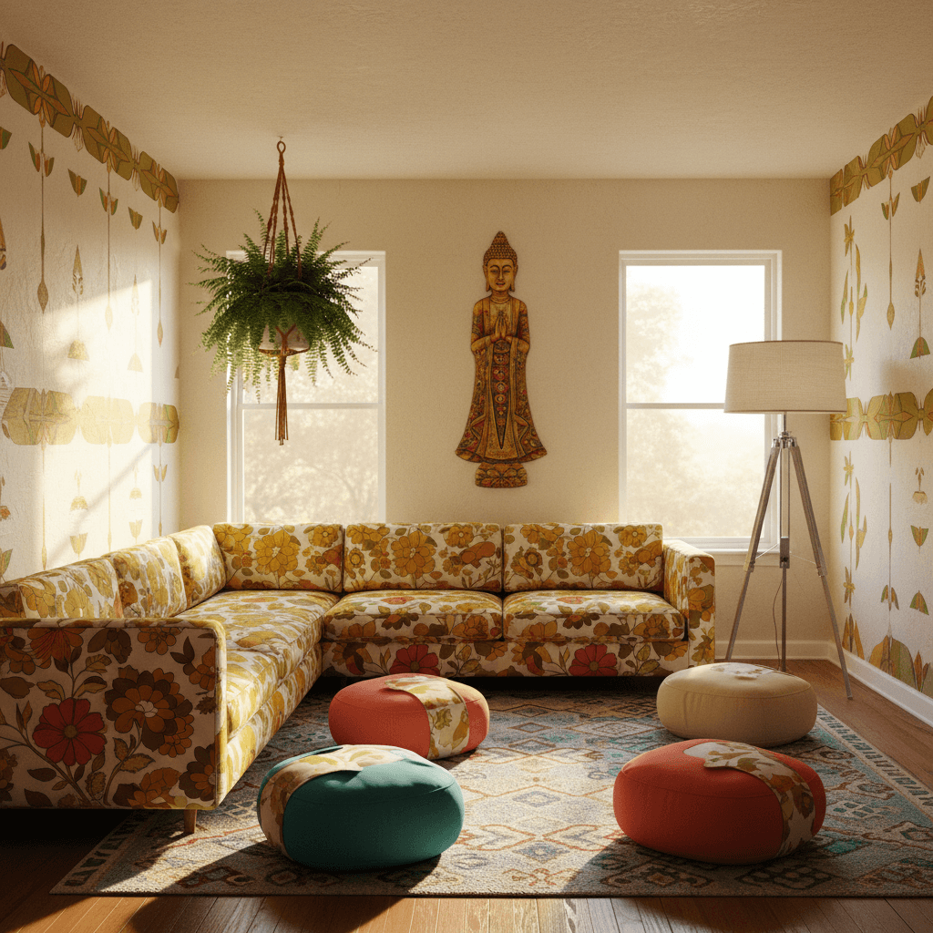 Create a meditation room with a retro aesthetic, reminiscent of the 1960s and 1970s. The space features a creamy white walls with a textured, eggshell finish, adorned with geometric patterns and psychedelic motifs in shades of avocado green, harvest gold, and burnt orange. A plush, oversized sectional sofa in a vintage-inspired floral print sits in front of a floor-to-ceiling window, where warm, golden light pours in during the day. A macramé plant hanger suspended from the ceiling holds a lush, green fern, while a vintage-inspired floor lamp with a chrome base and linen shade casts a cozy glow. The room's focal point is a statement piece: a vintage-inspired, wall-mounted Buddha statue with intricate, hand-painted details. The space is completed with a Moroccan-inspired area rug in shades of turquoise and cream, and a collection of retro-style, sculptural meditation cushions in varying shades of coral and turquoise. - Retro Meditation Room designed with AI by Interiores AI