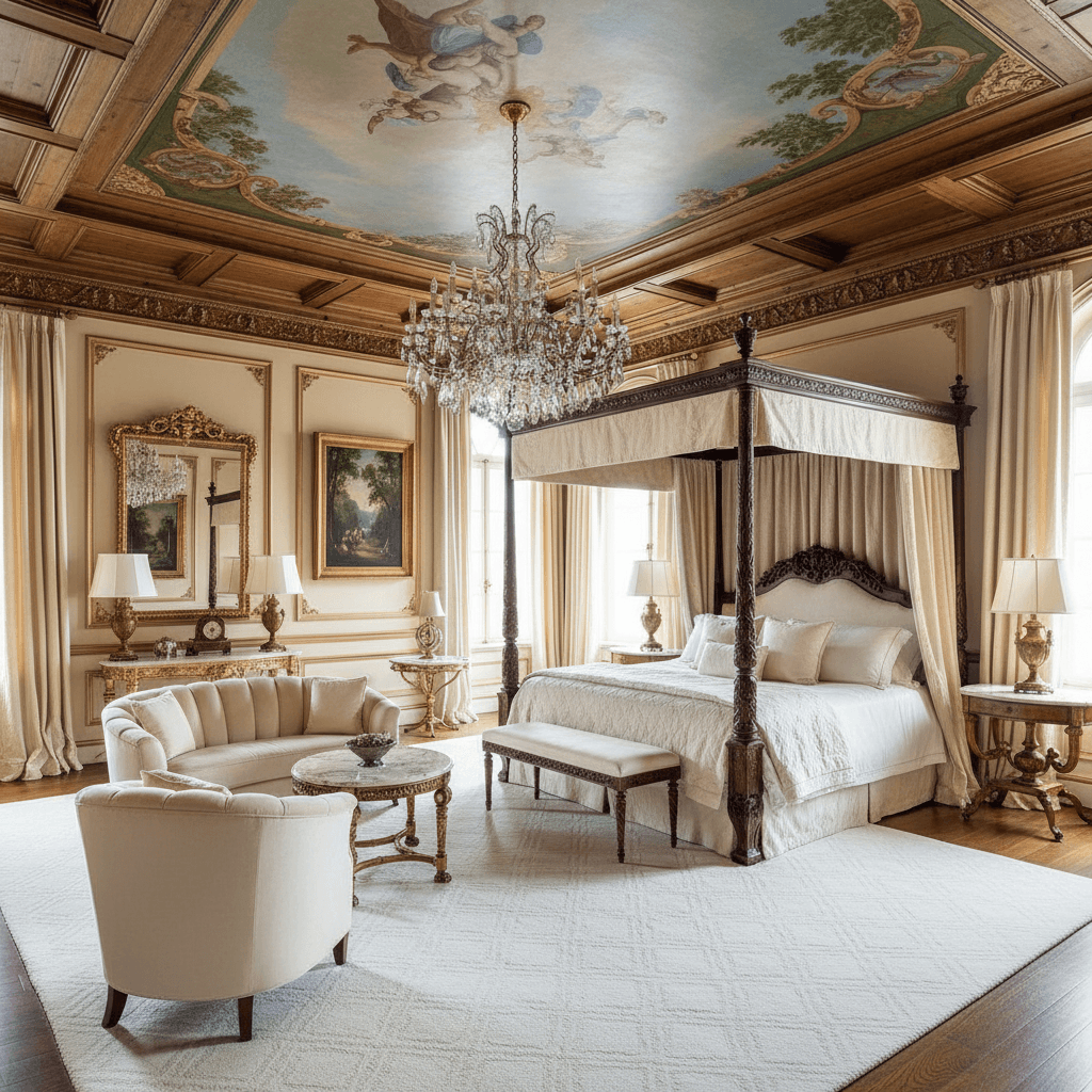 Create a serene and elegant Master Bedroom in the Neoclassical style, characterized by classical elements and subtle ornamentation. The room features a cream-colored walls with a soft, warm beige tone, complemented by rich, dark wood paneling on the ceiling and floor. A plush, cream-colored velvet sofa and armchairs are arranged in a semicircle around a small, ornate marble coffee table. The walls are adorned with intricate, gold-leaf moldings and gilded picture frames. Soft, warm lighting emanates from table lamps with bronze bases and cream-colored linen shades, while a stunning crystal chandelier hangs above the bed, casting a kaleidoscope of colors across the room. A stunning, hand-painted fresco on the ceiling adds a touch of drama and grandeur, while a plush, white area rug with a subtle, geometric pattern completes the look. The bed, a majestic, four-poster with intricate carvings and heavy, velvet drapes, is positioned - Neoclassical Master Bedroom designed with AI by Interiores AI