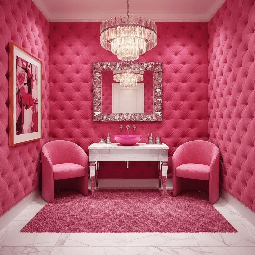 Design a hot pink powder room with a glamorous, over-the-top aesthetic. The space features a bright pink velvet wall covering that reaches from the floor to the ceiling, creating a cozy and intimate atmosphere. A sleek, chrome-plated vanity with a matching hot pink glass sink sits atop a white marble countertop, adding a touch of luxury. The floor is covered in a plush, hot pink area rug with a subtle geometric pattern. A show-stopping, chandelier-style light fixture in a metallic finish hangs from the ceiling, casting a warm glow over the space. A few strategically placed, hot pink accent chairs are arranged around the room, creating a fun and playful vibe. The overall effect is a bold, eye-catching space that exudes confidence and glamour. - Hot Pink Powder Room designed with AI by Interiores AI