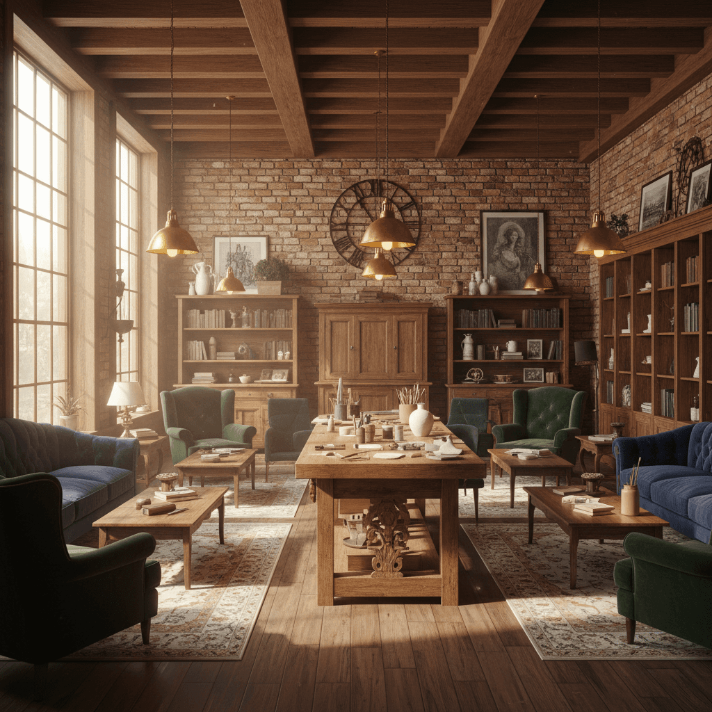 Create a Creative Workshop in an Updated Classic style, characterized by rich wood tones, elegant lines, and vintage accents. The space features exposed brick walls, wooden beams, and a warm, neutral color palette with undertones of honey and golden brown. Comfortable, oversized armchairs and plush velvet sofas in deep, rich colors like emerald green and navy blue are arranged around low-slung, wooden coffee tables. Warm, golden lighting emanates from pendant lamps above the workstations, while floor-to-ceiling windows allow natural light to pour in. A statement piece, a beautifully restored, antique wooden workbench, sits at the center of the room, surrounded by an array of artistic tools and half-finished projects. Soft, textured rugs in muted hues add warmth and depth to the space, inviting creativity and inspiration. - Updated Classic Creative Workshop designed with AI by Interiores AI