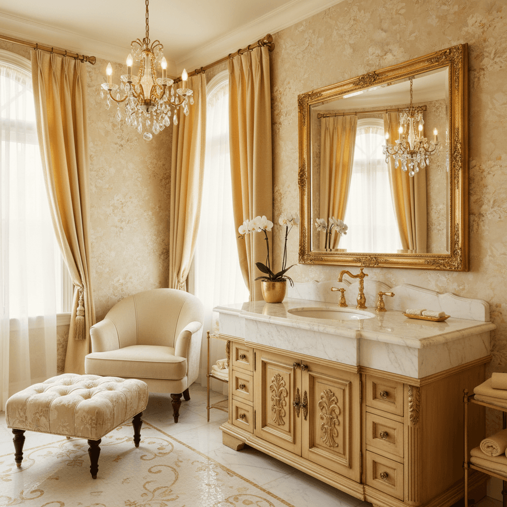 Design a Traditional-style powder room with a warm and elegant atmosphere, featuring a soft, creamy color palette. Install rich, ornate gold fixtures and a gleaming white marble vanity, surrounded by ornate, carved wooden cabinets. Add plush, cream-colored velvet upholstery to a classic, curved armchair positioned beside a large, ornate mirror. Accent the space with classic, floral patterns on the walls, floors, and a matching, tufted-upholstered ottoman. Soft, warm lighting emanates from a crystal chandelier suspended above the vanity, while subtle, warm undertones of golden light filter in through elegant, arched windows with soft, golden drapery. - Traditional Powder Room designed with AI by Interiores AI