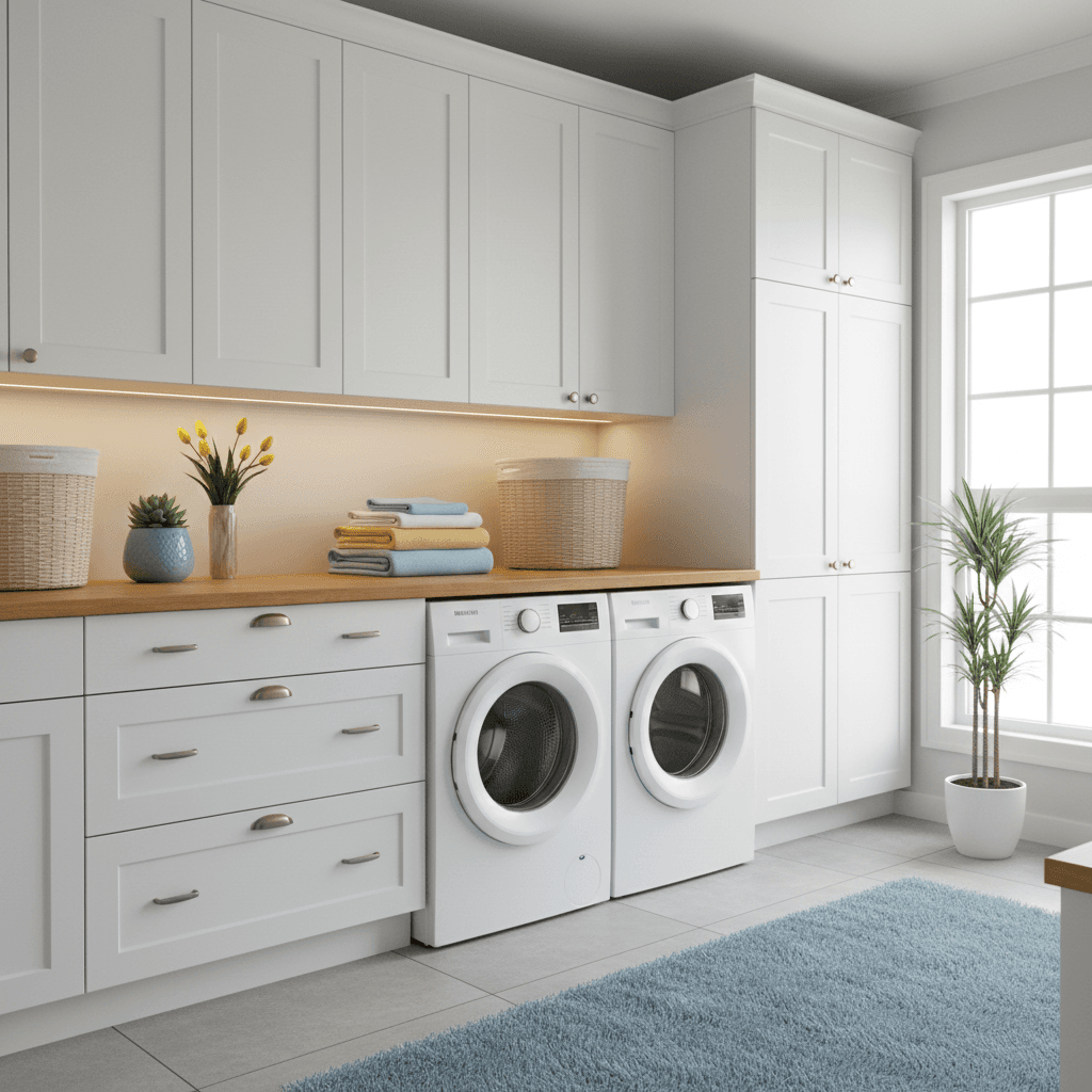 Generate a Laundry Room in Bright Scandinavian style, featuring a predominantly white and light-wooden color scheme, accented with pops of cheerful yellow and sky blue hues. The space is illuminated by a combination of warm white LED lighting and floor-to-ceiling windows allowing natural light to flood in. The walls are clad in a crisp white Shaker-style cabinetry, while the countertops are made of warm, honey-colored wood. A sleek, low-profile washer and dryer are integrated into the cabinetry, complemented by a floating wooden shelf above, displaying a woven wicker laundry basket in a natural fiber hue. The floor is covered with a durable, light-gray porcelain tile, and a plush area rug in a soft blue tone adds warmth underfoot. The overall atmosphere is one of crisp, clean functionality, with an emphasis on natural light and soothing colors. - Bright Scandinavian Laundry Room designed with AI by Interiores AI