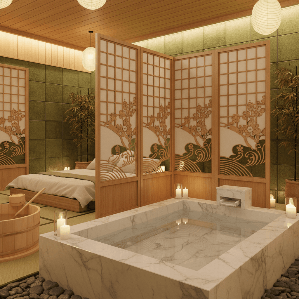 Design a serene Japanese-style spa room with natural materials and calming colors, featuring a soaking tub made of gleaming white Carrara marble, surrounded by a floor-to-ceiling wooden screen adorned with intricately carved shoji panels. The room is bathed in soft, warm lighting from paper lanterns and candles, while the walls are clad in soothing shades of pale wood and moss-green ceramic tiles. A low, cushioned futon-style bed is placed under a stunning wooden shoji screen, and a floor-level cedar wood soaking tub is positioned in a tranquil corner, complete with a delicate wooden water ladle. - Japanese Design Spa / Sauna designed with AI by Interiores AI