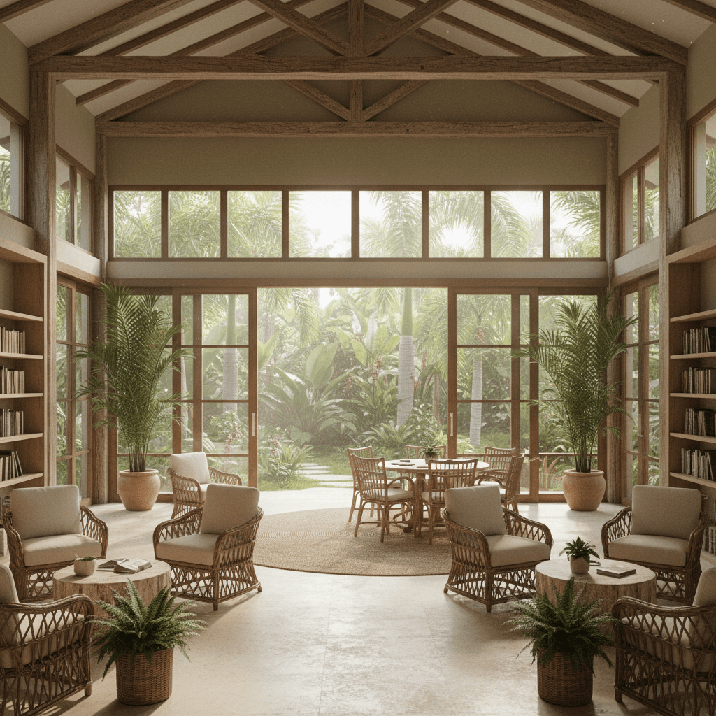 Design a serene and inviting Library in a Natural Tropical style, featuring a calming color palette of soft greens, warm beiges, and creamy whites. The space should blend seamlessly into its lush surroundings, with reclaimed wood accents and natural stone elements. Woven rattan furniture and potted palms add a touch of organic elegance, while large windows and sliding glass doors allow for an abundance of natural light and a stunning view of the surrounding tropical foliage. The atmosphere should be peaceful and contemplative, perfect for reading, studying, or simply relaxing amidst the beauty of nature. - Natural Tropical Library or Reading Room designed with AI by Interiores AI