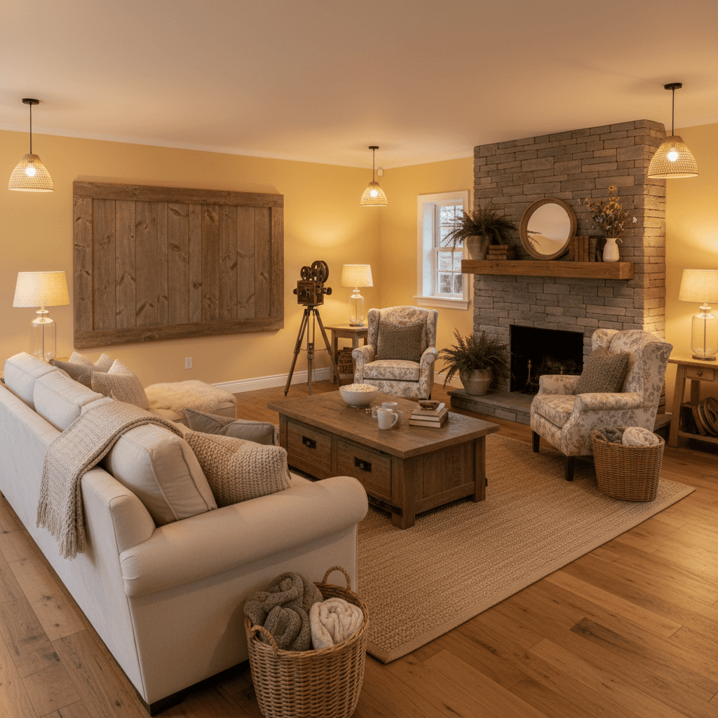 Design a cozy Home Theater in a Cottagecore style, with a warm and inviting atmosphere. The space features a plush, cream-colored sectional sofa with rolled arms, adorned with natural fiber throw pillows in shades of sage green and sandy beige. The walls are painted a soft, buttery yellow, and the floors are made of warm, honey-colored hardwood. A stone fireplace with a wooden mantel, surrounded by plush armchairs, adds warmth and texture to the space. The room is dimly lit by soft, warm pendant lights and table lamps, casting a golden glow on the walls. The room is complete with a large, rustic wooden screen and a vintage-inspired projector. The overall atmosphere is peaceful and intimate, perfect for a family movie night or a relaxing evening at home. - Cottagecore Home Theater designed with AI by Interiores AI