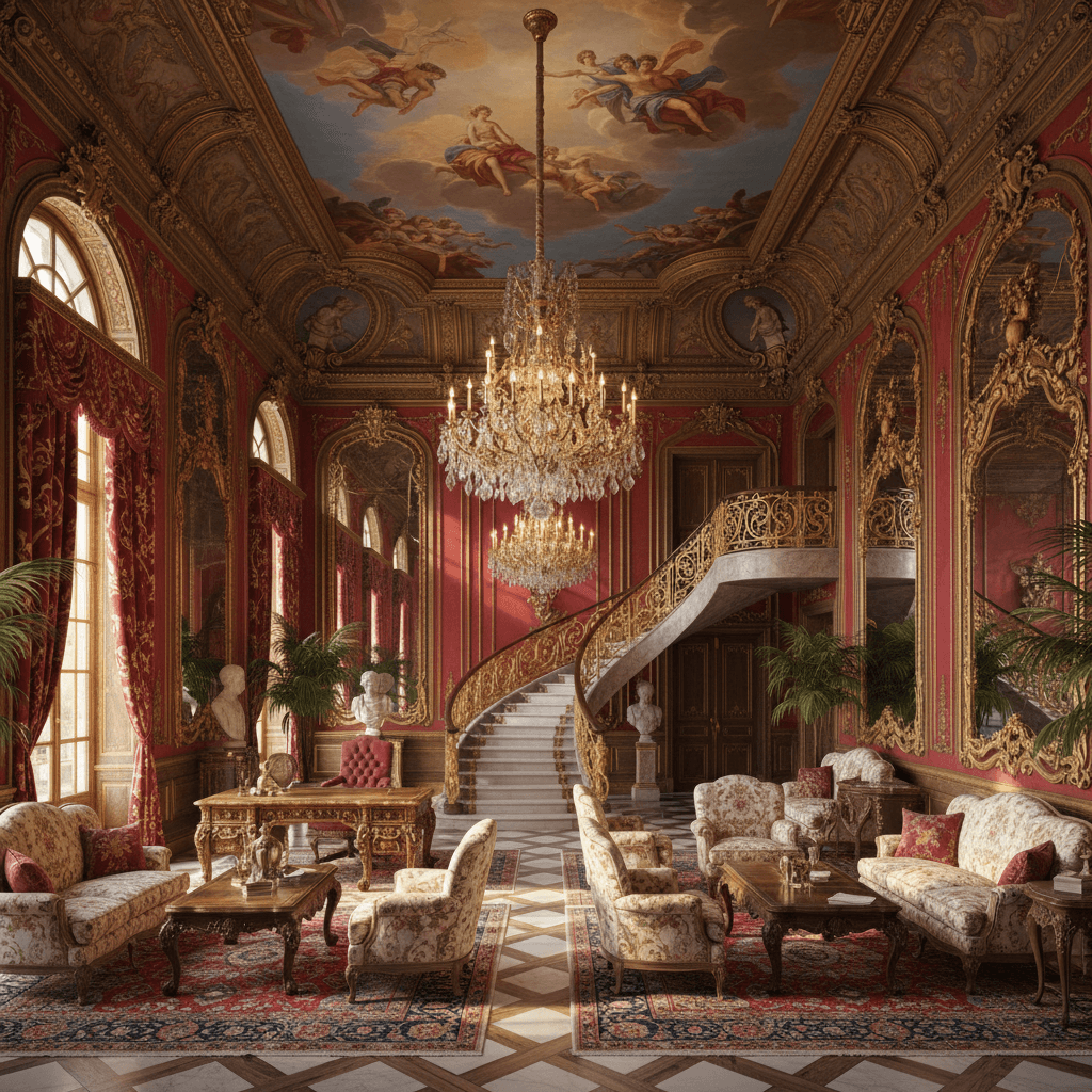 Create a grandiose Baroque-style interior for a luxurious office, featuring rich textures, opulent materials, and dramatic lighting. The space is approximately 1,000 square feet, with high ceilings and expansive windows that filter in warm, golden light. Walls are painted a deep, rich crimson, adorned with intricate gilded moldings and ornate Baroque-style mirrors. Plush, cream-colored velvet furniture, upholstered in intricate patterns, sits atop ornate, carved-wood coffee tables, while a stunning, hand-painted ceiling adds a touch of whimsy and drama. Floor-to-ceiling curtains, embroidered with gold thread, frame a majestic, curved staircase, and the room is illuminated by a dramatic chandelier, casting a warm, golden glow over the space. - Baroque Office / Home Office designed with AI by Interiores AI