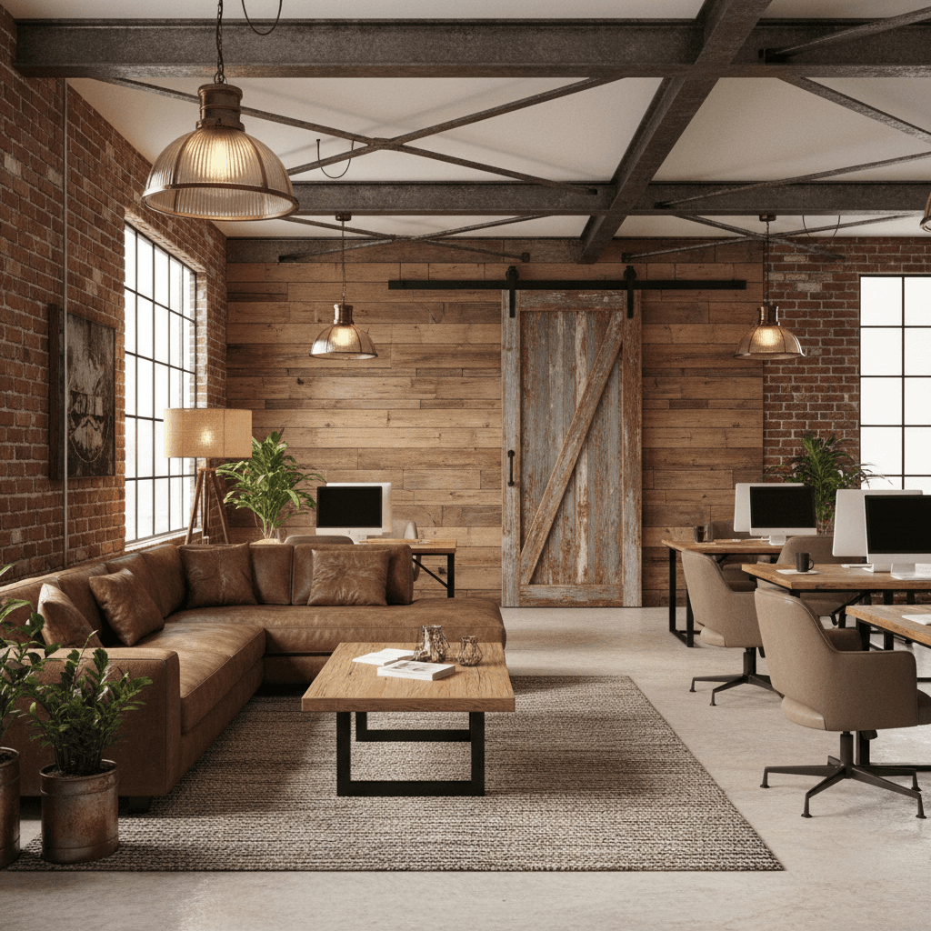 Design a workspace in Soft Industrial style, featuring reclaimed wood accents, exposed brick walls, and metal beams. Incorporate vintage industrial lighting, such as pendant lamps made from metal pipes and glass shades. Incorporate comfortable, plush furniture in neutral tones, including a sectional sofa in a distressed leather finish, a wooden coffee table with metal legs, and a floor lamp with a woven shade. The color palette should include warm neutrals like beige, gray, and taupe, with pops of rich wood tones. Add a statement piece, such as a vintage metal door repurposed as a room divider, to add texture and visual interest. - Soft Industrial Interior Space designed with AI by Interiores AI