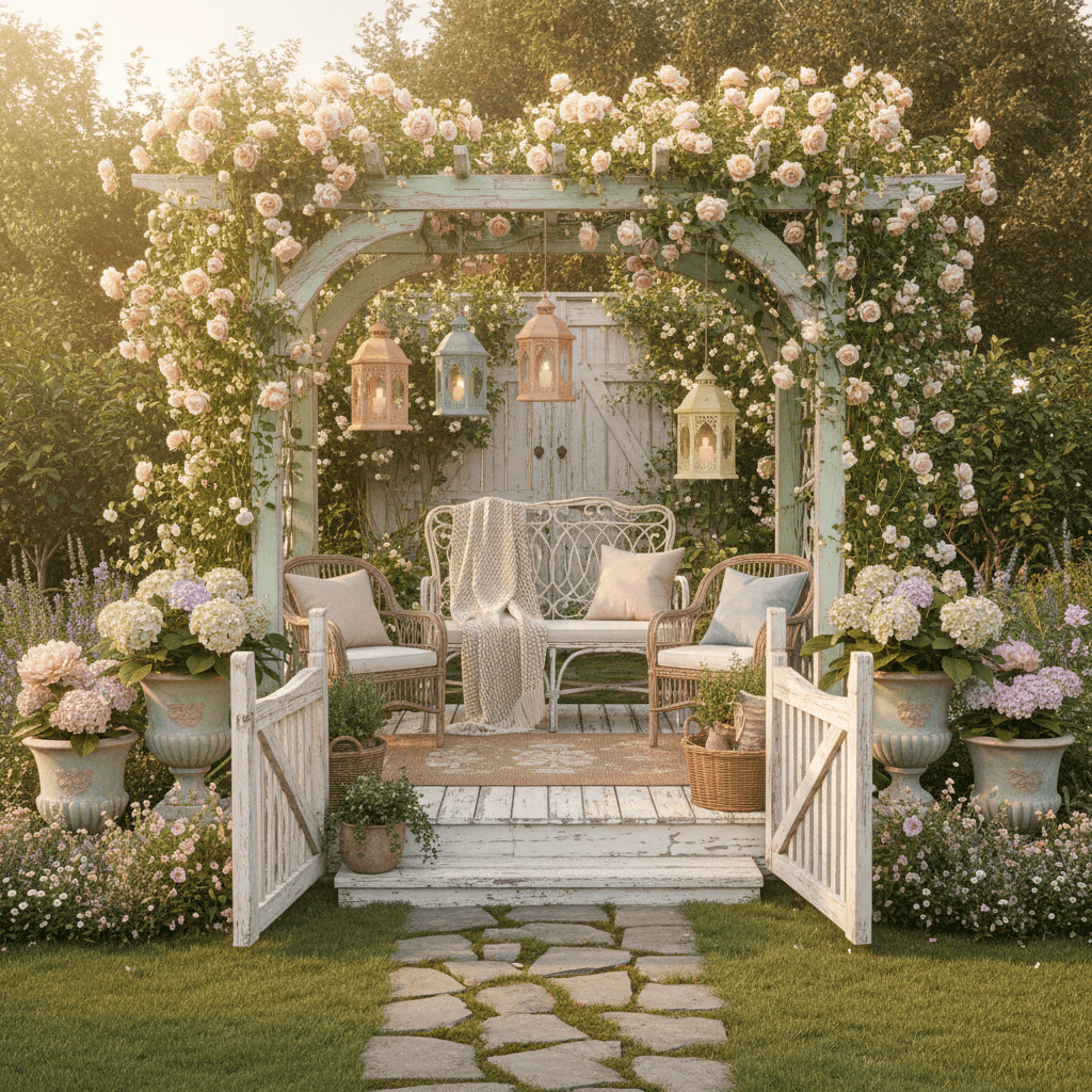 Create a charming Shabby Chic front yard with a soft, romantic atmosphere. Incorporate distressed wood accents, vintage garden benches, and pastel-hued planters. Cover the porch with a plush, cream-colored throw blanket and surround the entrance with a lush, flowering vine arbor. Use a warm, golden light to highlight the space, and add a few strategically placed lanterns in soft, pastel shades. Incorporate natural textures such as wicker, rattan, and jute, and finish with a soft, velvety lawn in a muted green hue. - Shabby Chic Front Yard designed with AI by Interiores AI