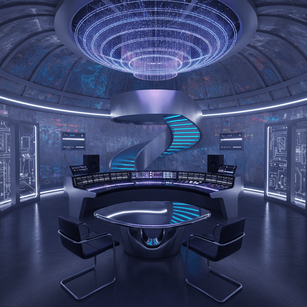 Design a futuristic recording studio with a sleek, high-tech aesthetic, incorporating cutting-edge materials and innovative lighting. The space should feature a predominantly metallic color scheme, with accents of neon blue and purple. The walls and ceiling are clad in a shimmering, holographic finish, while the floor is made of polished, dark-colored concrete. A spiral staircase, reminiscent of a spacecraft, leads to a raised platform where the mixing console and sound equipment are situated. The atmosphere is electric, with a subtle hum of machinery and pulsing LED lights that respond to the studio's acoustics. The room is illuminated by a unique, fiber-optic ceiling that shimmers and changes color in sync with the music being recorded. Furniture is minimal, with a few, futuristic-looking chairs and a low, curved table made of a gleaming, metallic material. - Futuristic Recording Studio / Streaming designed with AI by Interiores AI