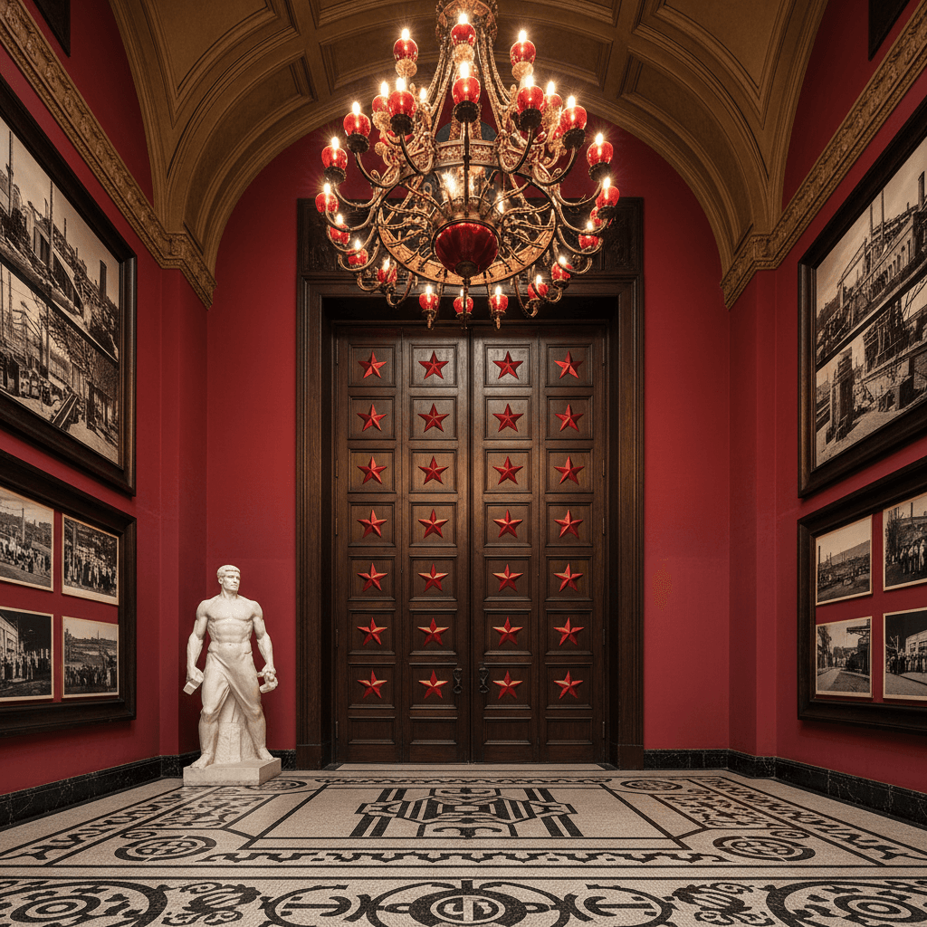 Generate a dramatic entrance hall with a Soviet-inspired aesthetic, reminiscent of Stalinist-era grandeur. The space features a large, imposing wooden door with a metallic inlay of red stars, set against a backdrop of a deep, rich crimson wall. The floor is covered in a mosaic of black and white tiles, evoking the iconic Soviet propaganda imagery of the era. A majestic chandelier, adorned with copper accents and red glass orbs, hangs from the ceiling, casting a warm, golden glow over the space. The walls are adorned with bold, black-and-white photographs of Soviet industrial and agricultural achievements, while a stunning marble statue of a Soviet-era laborer stands proudly at the entrance, its imposing presence commanding respect. The overall atmosphere is one of imposing grandeur, evoking the unwavering dedication to the Soviet ideology of the era. - Soviet Entrance / Porch designed with AI by Interiores AI