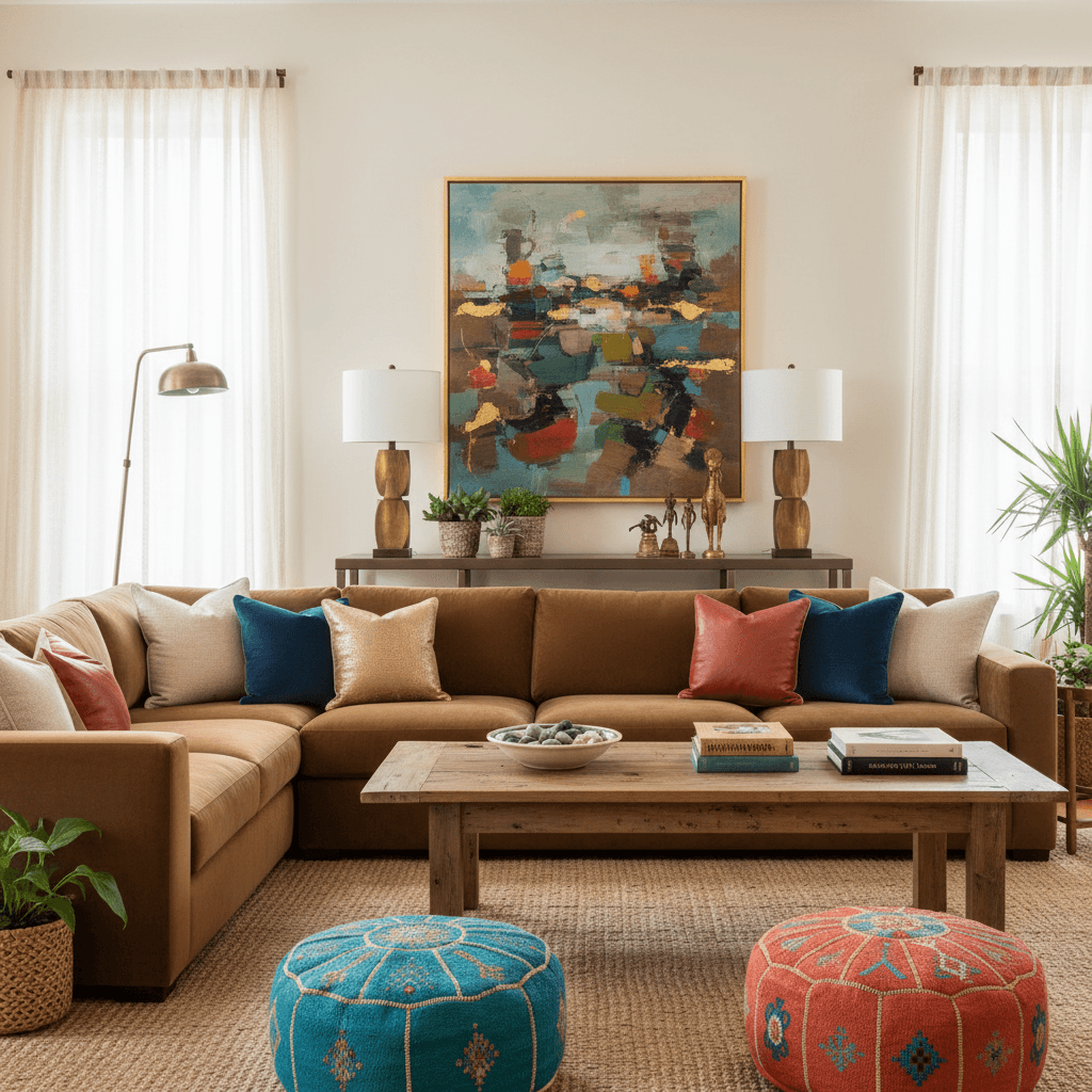 Design a cozy Living Room in Balanced Eclectic style, featuring a plush sectional sofa in a rich, mocha-brown velvet fabric, adorned with vibrant, hand-tufted Moroccan poufs in shades of turquoise and coral. Accentuate with a statement, reclaimed-wood coffee table, paired with a sleek, low-profile console table in a metallic bronze finish. Add warmth with table lamps featuring sculptural, metal shades in a soft, golden patina. Soften the space with a statement piece of abstract art above the sofa, and bring in natural textures with a woven, jute area rug in a neutral beige tone. Complete the look with a floor-to-ceiling, floor lamp in a warm, bronze finish, casting a warm glow over the room. - Balanced Eclectic Living Room designed with AI by Interiores AI