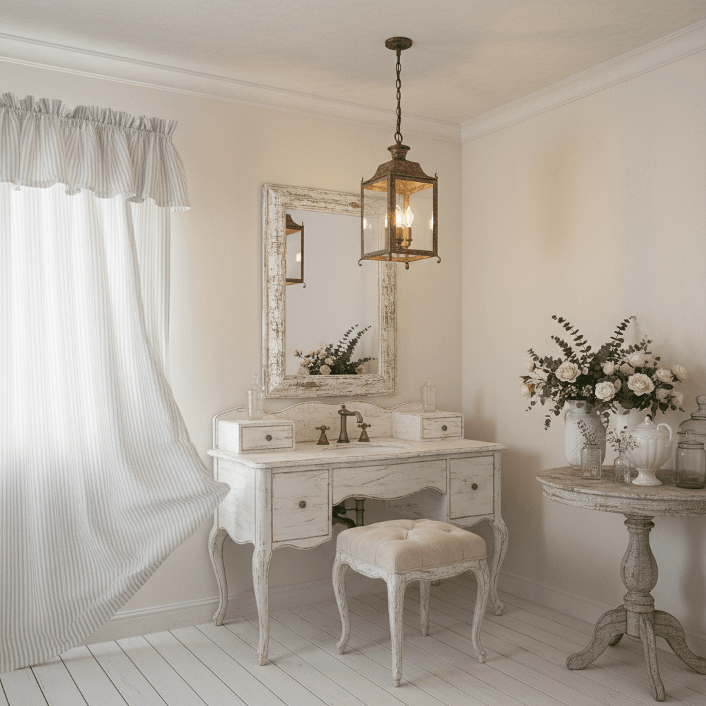 Create a Powder Room in Shabby Chic style, set in a soft, creamy white backdrop (walls and ceiling). Add distressed, white-painted wooden furniture, including a vintage-style vanity and a distressed wood mirror frame. Incorporate plush, pale pink velvet upholstery on a decorative, antique-style stool. Hang a flowing, pale blue and white striped sheath curtain with a subtle, gathered ruffle at the top. Add warm, golden lighting from a pendant fixture made from an antique metal lantern. Display a few, carefully curated, antique-style bottles and vases on a decorative, wooden side table, filled with fresh greenery and soft, white flowers. The overall atmosphere should be one of whimsical, romantic elegance. - Shabby Chic Powder Room designed with AI by Interiores AI