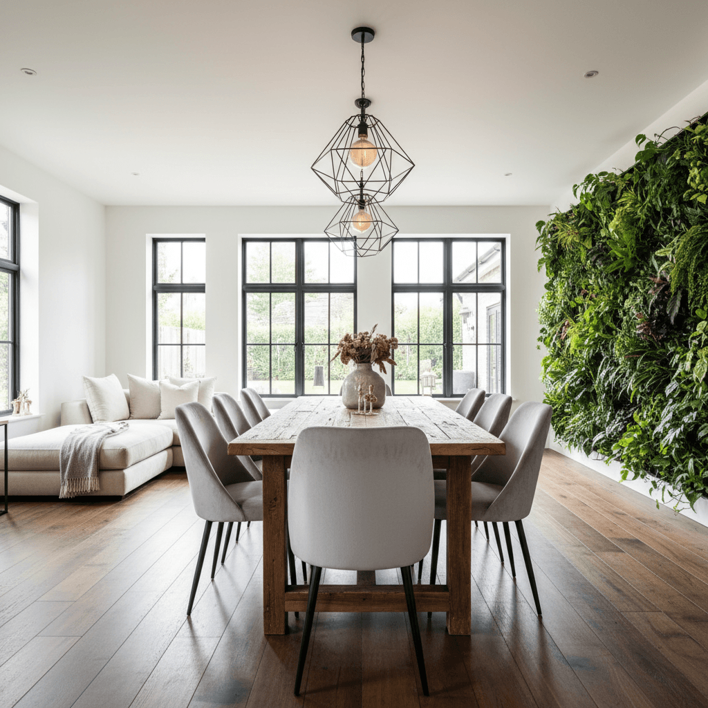 Generate an image of a modern contemporary dining room with a large rectangular table made of reclaimed wood, surrounded by five high-backed chairs upholstered in a light gray velvet fabric. The walls are painted a crisp white and adorned with large industrial-style metal pendant lights suspended from the ceiling. The floor is made of wide-plank hardwood in a warm, dark finish, and the room is filled with natural light pouring in through a wall of floor-to-ceiling windows. A floor-to-ceiling living wall in a lush greenery adds a touch of organic sophistication to the space, and a sleek, low-profile sectional sofa in a neutral color is placed along one wall, creating a cozy reading nook. The overall atmosphere is one of understated elegance and refined sophistication, perfect for a modern family dining room. - Modern Contemporary Dining Room designed with AI by Interiores AI