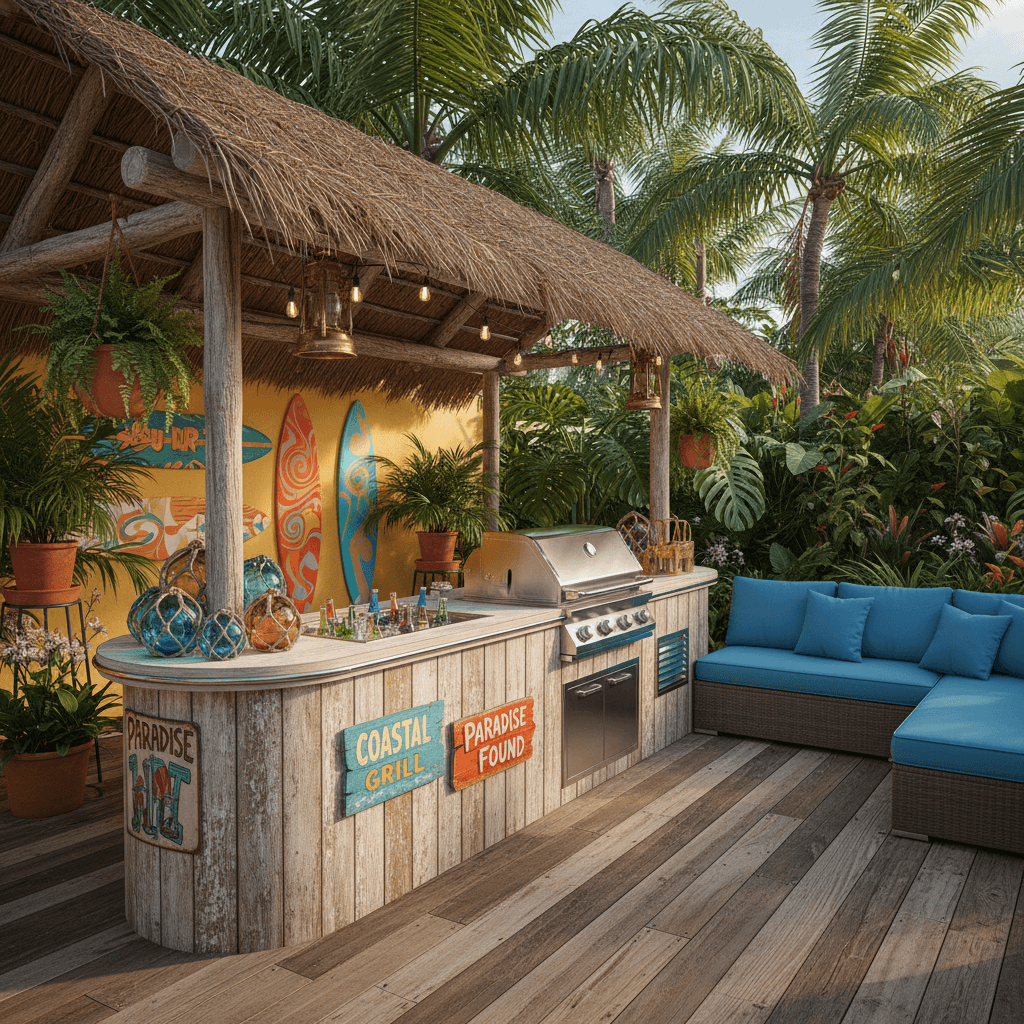 Design a retro-futuristic Surf Shack-style barbecue area with a fusion of coastal and beachy vibes, set amidst a lush, tropical garden. The space features a long, curved wooden counter with a built-in grill and cooler, adorned with colorful glass bottles and retro-style nautical signs. The walls are painted a warm, sunny yellow and adorned with surfboard-inspired artwork, while the floors are made of reclaimed wood planks. A plush, ocean-blue sectional sofa sits beneath a thatched roof canopy, complete with weathered wooden beams and potted palms. The atmosphere is relaxed and casual, with a hint of beachy sophistication. - Surf Shack Barbecue Area designed with AI by Interiores AI