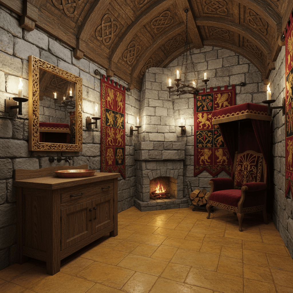 Design a Medieval-style powder room with stone walls, exposed wooden beams, and a vaulted ceiling adorned with intricately carved wooden panels. The room features a large, ornate mirror with a gilded frame, suspended above a wooden vanity with a copper basin and a single, candle-lit LED light above. The floor is made of polished flagstones in a warm, honey-colored hue, and the walls are adorned with rich, red and gold tapestries. A plush, crimson velvet armchair sits in a corner, upholstered with gold thread and adorned with a velvet canopy. Soft, warm lighting emanates from candles and lanterns, casting a cozy, intimate atmosphere, and a small, stone hearth contains a gentle, flickering flame, adding to the space's medieval charm. - Medieval Powder Room designed with AI by Interiores AI