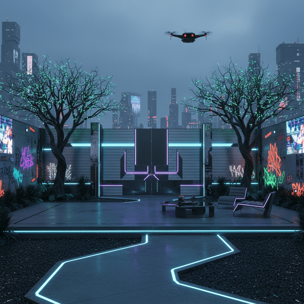 Design a futuristic front yard with a cyberpunk aesthetic, set amidst a dystopian cityscape. The space is dominated by a sleek, metallic gate made of corrugated aluminum and polished chrome, adorned with neon-lit accents. The entrance is flanked by two towering, genetically engineered trees with glowing, ethereal branches that seem to pulse with energy. A winding, LED-lit pathway made of dark concrete and black gravel leads to a spacious, minimalist patio area, where a low-slung, aerodynamic coffee table and a pair of cantilevered, neon-lit chairs beckon visitors to linger. The walls are lined with a mosaic of holographic advertisements and graffiti, while the sky above is a deep, foreboding indigo, with a distant, hovering drone casting a faint, ominous shadow. The overall atmosphere is one of high-tech sophistication and rebellious, edgy cool. - Cyberpunk Front Yard designed with AI by Interiores AI