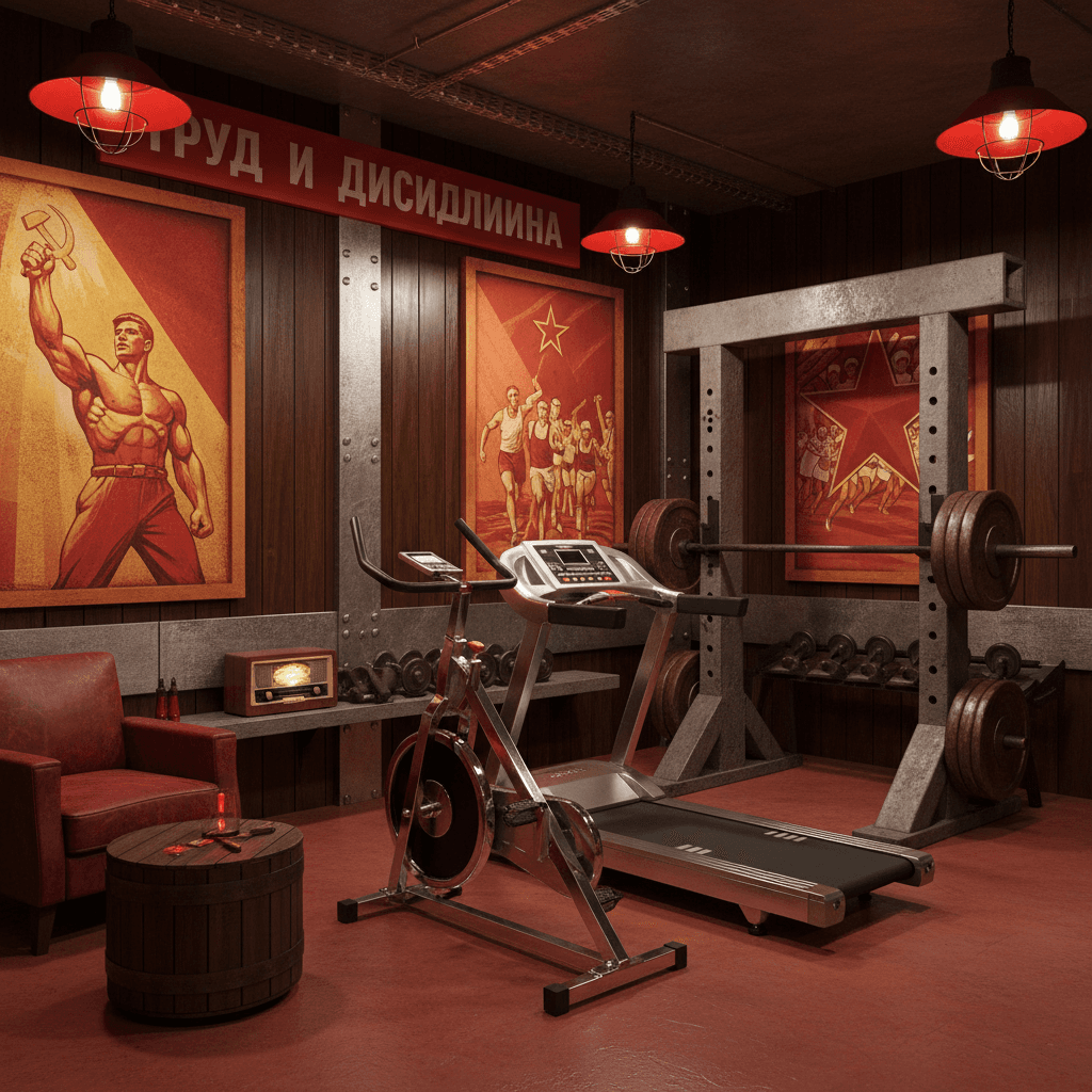 Design a Home Gym with a Soviet-era aesthetic, reminiscent of the era's industrial grandeur. The space should feature a predominantly red and orange color scheme, echoing the iconic hues of Soviet architecture. Construct walls lined with wooden paneling, adorned with metallic accents and socialist realist-inspired murals. Install a gleaming, chrome-finished treadmill and stationary bike, alongside a weightlifting area with a sturdy, concrete-reinforced steel beam. Incorporate functional, industrial-style lighting, with exposed bulbs and metal shades, to create a sense of stark, utilitarian functionality. A bold, red leather armchair sits beside a wooden, cylindrical coffee table, adding a touch of contrasting comfort. The atmosphere should be one of stern, no-nonsense dedication to physical labor, with the sounds of Soviet-era music, such as the works of Dmitri Shostakovich, playing softly in the background. - Soviet Home Gym designed with AI by Interiores AI