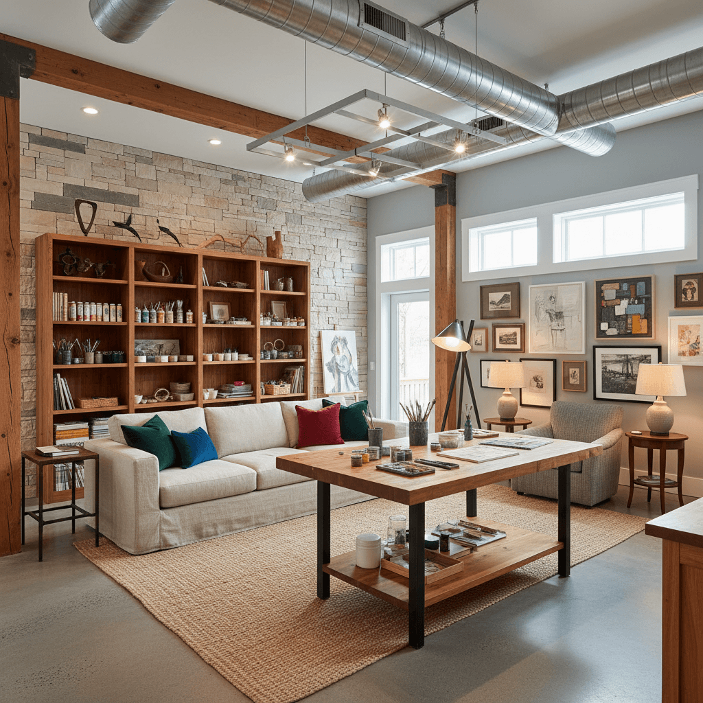 Design a Balanced Transitional art studio with a neutral color palette, warm wood tones, and a mix of rustic and sleek elements. The space features a 12-foot ceiling with exposed ductwork, concrete floors, and a focal wall of natural stone. The room is illuminated by a combination of overhead lighting, table lamps, and a floor lamp with a sculptural metal shade. Walls are painted a soothing light gray (such as Sherwin-Williams' "Comfort Gray"), while the trim is a crisp white. A comfortable sectional sofa in a natural linen fabric is placed against a floor-to-ceiling bookshelf made of reclaimed wood, adorned with art supplies and a few select sculptures. The studio also features a large worktable made of butcher-block wood, a comfortable reading nook with a plush armchair and floor lamp, and a gallery wall displaying the artist's work. The space is warmed by a cozy area rug in a natural fiber and a few strategically placed throw pillows in rich jewel tones. - Balanced Transitional Art Studio designed with AI by Interiores AI