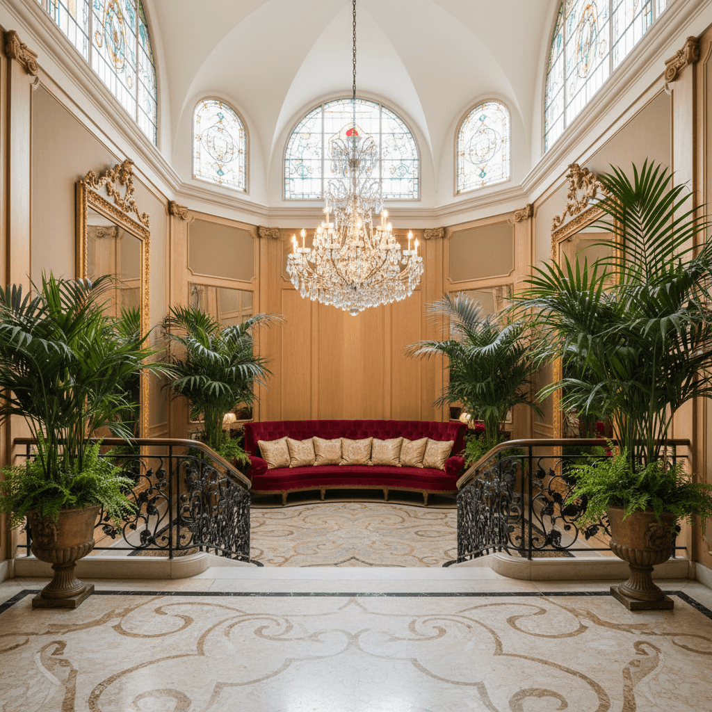 Design a grand Parisian entrance with a polished chrome and cream-colored marble floor, adorned with intricate ironwork and lush greenery. Walls are painted a soft, warm beige (Farrow & Ball's "Elephant's Breath") and adorned with antique gold mirrors and ornate wooden paneling. The ceiling is a vaulted, crisp white (Benjamin Moore's "Snowfall White"), allowing natural light to filter in through delicate, lace-like stained glass windows. A stylish, velvet-upholstered banquette in a rich, crimson red (Farrow & Ball's "Baltic Blue") sits against one wall, lined with plush, cream-colored pillows and a show-stopping, crystal chandelier. - Parisian Entrance / Porch designed with AI by Interiores AI