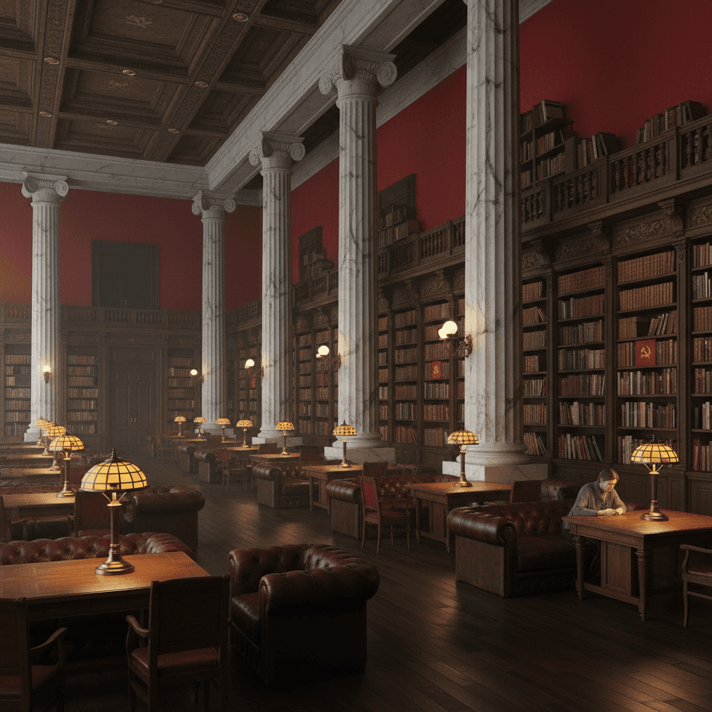 Imagine a grand Soviet-style library with high ceilings, dark wood paneling, and imposing marble columns. The walls are painted a deep, rich red, while the floor is made of polished dark hardwood. Rows of wooden shelving units, adorned with intricate carvings, stretch up to the ceiling, housing leather-bound tomes and volumes of communist ideology. The lighting is dim and warm, provided by table lamps with ornate metal shades and sconces along the walls. Comfortable, low-slung leather armchairs and wooden desks invite readers to linger, surrounded by the musty scent of old books and the hum of hushed conversation. - Soviet Library or Reading Room designed with AI by Interiores AI