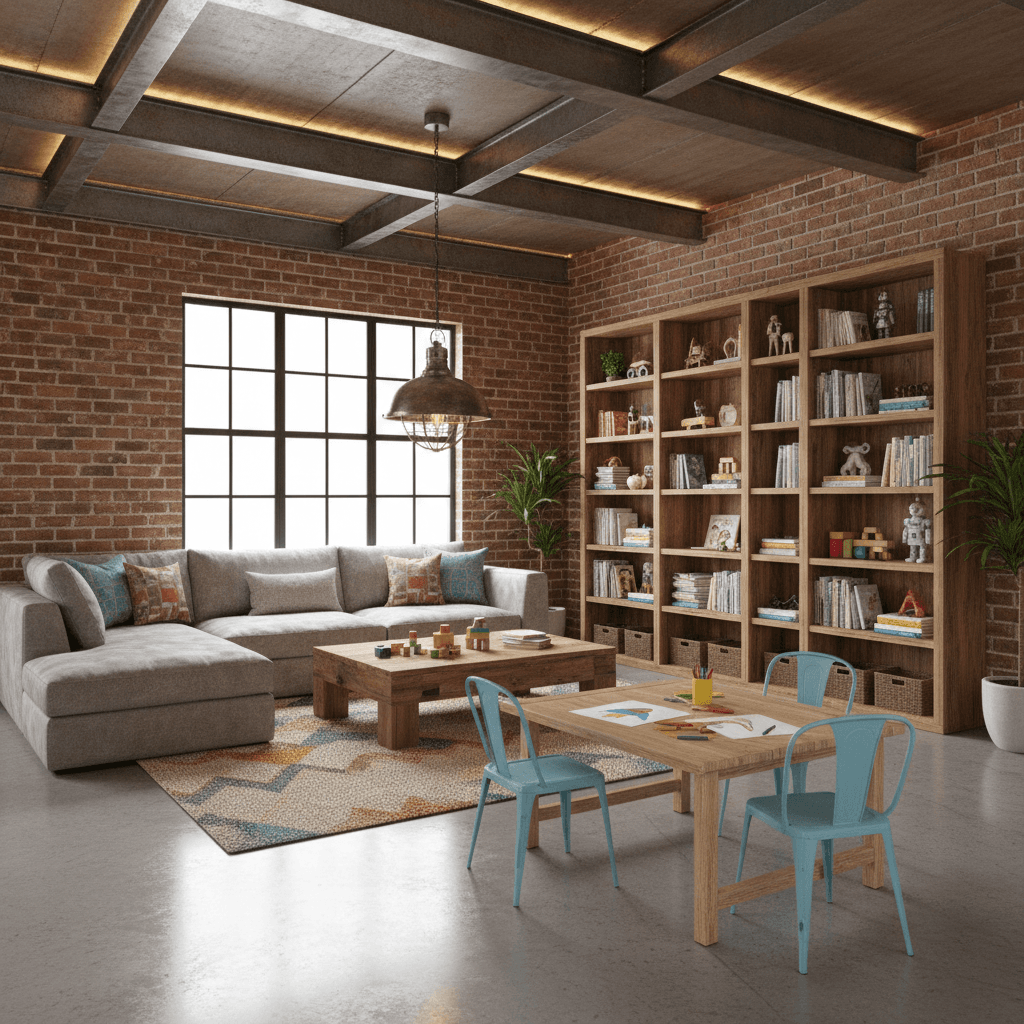 Design a Soft Industrial-style playroom with a mix of industrial and playful elements. The room features exposed brick walls, polished concrete floors, and metal beams. A plush sectional sofa in a light gray fabric is placed against one wall, accompanied by a reclaimed wood coffee table and a vintage-inspired metal pendant light fixture. A colorful rug with a geometric pattern adds warmth to the space, while a floor-to-ceiling bookshelf made from reclaimed wood holds a collection of favorite children's books. The room is illuminated by warm LED strip lights and features a few industrial-style metal chairs and a low-slung wooden desk for arts and crafts. The overall atmosphere is cozy and inviting, with a balance of textures and industrial accents that foster creativity and play. - Soft Industrial Game Room / Playroom designed with AI by Interiores AI