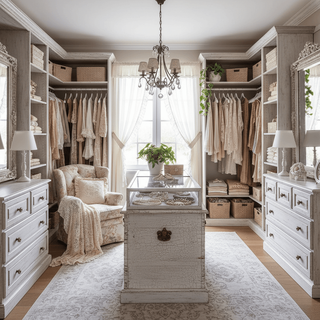 A beautiful Walk-In Closet designed in Shabby Chic style. Restyle this room into shabby chic while preserving layout. Use distressed finishes, soft pastels, floral fabrics, and vintage furniture. Add lace or ruffled textiles, whitewashed wood, and cozy lighting for a lived-in romantic feel. The space features carefully selected furniture, harmonious colors, natural lighting, and thoughtfully placed decorative elements that create a welcoming and aesthetically pleasing atmosphere. - Shabby Chic Walk-in Closet designed with AI by Interiores AI