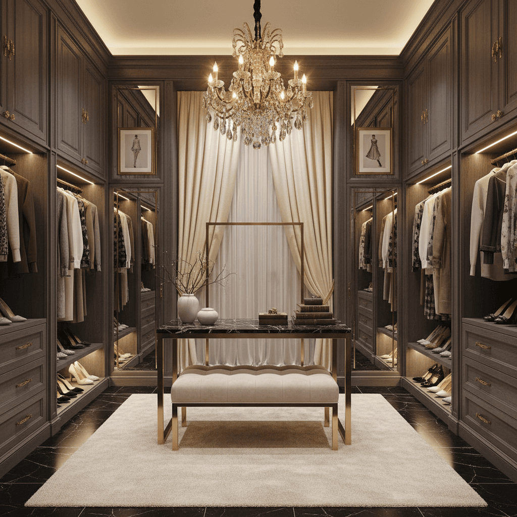 Create a walk-in closet in the style of a luxurious Parisian boutique, featuring rich, muted hues and opulent textures. The space is clad in rich, dark wood paneling, with intricate carvings and gold-toned hardware. Soft, creamy white walls are adorned with floor-to-ceiling, antique-inspired mirror panels, while plush, cream-colored velvet drapes drape elegantly across the back of the closet. A stunning, crystal-encrusted chandelier hangs above a sleek, black marble floor, surrounded by a console table and a matching, velvet-upholstered bench. The space is illuminated by warm, golden lighting, and finishes with a plush, cream-colored area rug and a selection of luxurious, French-inspired accessories, such as intricately carved, gilded picture frames and delicate, porcelain vases. - Parisian Walk-in Closet designed with AI by Interiores AI
