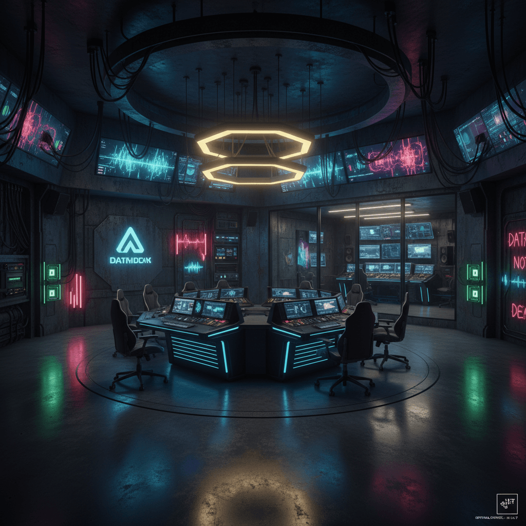Generate a futuristic recording studio with a dark, gritty, and high-tech aesthetic, reminiscent of the cyberpunk genre. The space is approximately 500 square feet, with a large, circular main room and a smaller, adjacent control room. The walls are adorned with a mix of neon-lit LED panels and industrial-grade metal plating, while the floor is made of polished concrete. The lighting is dim, with a warm, yellowish glow emanating from a series of sleek, futuristic pendant lamps. A custom, modular furniture system is integrated into the space, featuring a large, wraparound console and a collection of high-tech, ergonomic recording chairs. The atmosphere is tense and focused, with a hint of rebellion against the corporate overlords. The color palette is predominantly dark blues and purples, with accents of neon green and red. A state-of-the-art, AI-powered sound system is integrated throughout the space, ensuring optimal acoustics and sonic fidelity. - Cyberpunk Recording Studio / Streaming designed with AI by Interiores AI