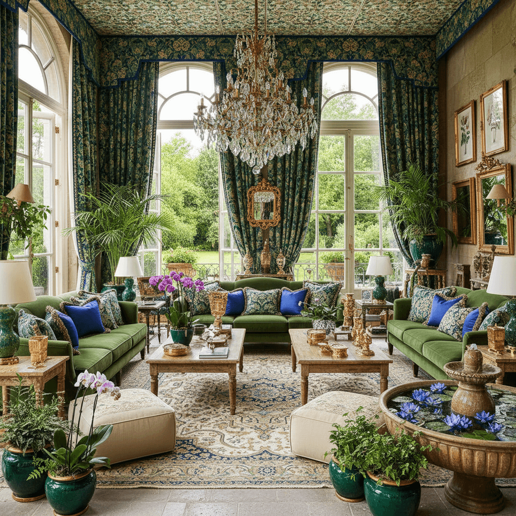 Generate an opulent Maximalist-style terrace with a rich, eclectic aesthetic. Incorporate a mix of ornate furnishings, statement pieces, and lush textiles. Feature a statement color palette of emerald green, sapphire blue, and gold, complemented by neutral beige and cream accents. Utilize a combination of metallic and natural materials, such as brass, copper, and reclaimed wood, to add depth and visual interest. Incorporate floor-to-ceiling curtains made from lavish fabrics, adorned with intricate patterns and tassels. Add a statement piece, like a show-stopping chandelier or a show-stopping floral arrangement, to create a dramatic focal point. The atmosphere should be sumptuous and indulgent, evoking the feeling of a luxurious retreat amidst nature. - Maximalist Terrace designed with AI by Interiores AI