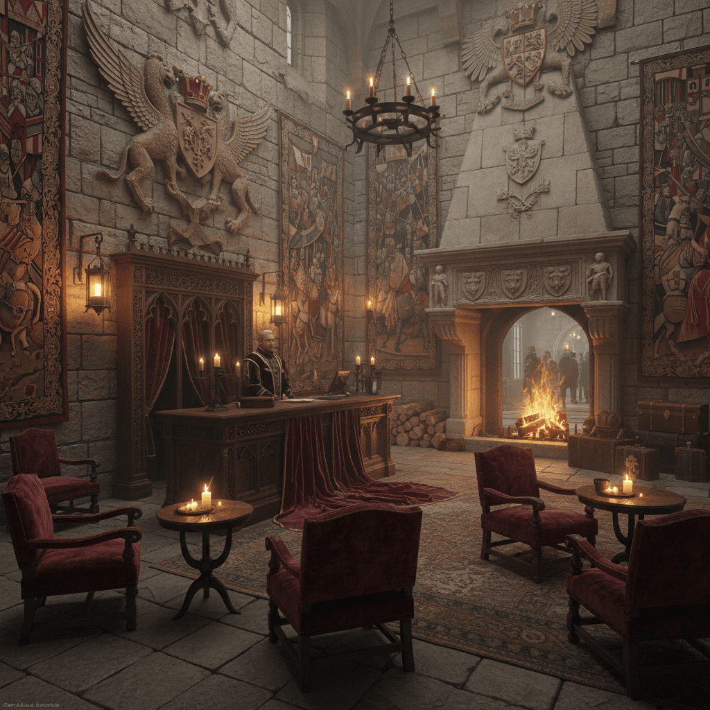 Create a Reception Area in a Medieval-style castle, with stone walls adorned with intricate carvings of mythical creatures and coats of arms, featuring a grand wooden reception desk with velvet drapes in deep crimson and gold, surrounded by plush armchairs upholstered in rich burgundy velvet, lit by warm candelabras and lanterns with soft golden lighting, set against a backdrop of rich tapestries depicting scenes of chivalry and honor, with a large stone fireplace at the far end, where a roaring fire crackles on a chilly winter's day, surrounded by wooden chests and suitcases, the air thick with the scent of old leather and wood smoke, and the atmosphere alive with the murmur of hushed conversations and the clinking of tankards in the great hall beyond. - Medieval Reception designed with AI by Interiores AI