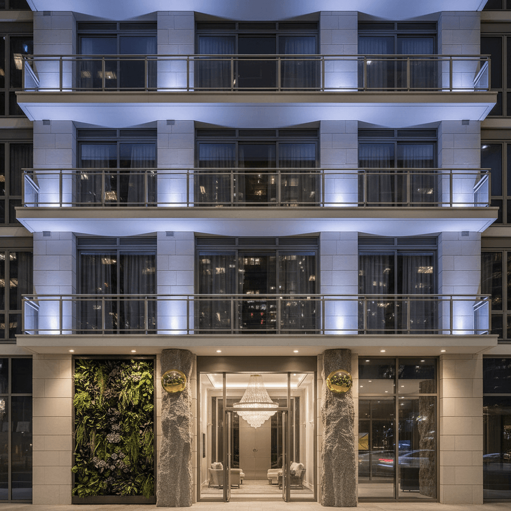 Design a luxurious apartment building exterior featuring sleek, modern lines and opulent finishes. The façade is composed of gleaming white limestone, with clean-lined glass balconies and floor-to-ceiling windows that stretch to the rooftop, offering breathtaking city views. A metallic silver rail system adds a touch of sophistication, while a subtle LED lighting system accentuates the building's curves, creating a dramatic nighttime display. The entrance is flanked by a pair of imposing stone columns, topped with a gleaming gold accent, and a large, crystal-like chandelier suspended above the lobby. A lush green wall, planted with succulents and ivy, adds a touch of natural elegance to the space, creating a tranquil oasis amidst the bustling city. The overall effect is one of understated luxury and refined sophistication, exuding an air of exclusivity and refinement. - Luxury Apartment Building Exterior designed with AI by Interiores AI