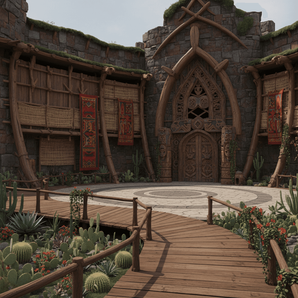 Create a commercial building exterior with a tribal style, blending natural materials and earthy tones. The structure features a mixture of rough-hewn stone and reclaimed wood, with a predominantly earthy color palette of umber, sienna, and umber-brown. Weathered wooden accents and curved wooden beams are strategically placed to evoke a sense of ancient cultural heritage. The entrance is marked by a dramatic wooden doorway adorned with intricate carvings of tribal motifs, while the walls are adorned with woven fiber screens and vibrant tapestries. The roof is a deep, mossy green, providing a natural canopy and shelter from the elements. A wooden walkway, lined with succulents and flowering vines, meanders through the space, connecting the entrance to a central plaza. - Tribal Commercial Building Exterior designed with AI by Interiores AI