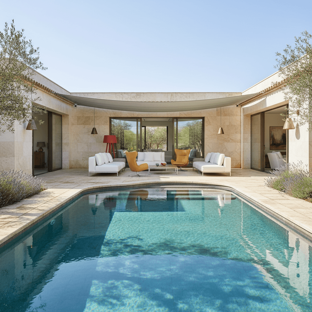 Create a sleek and inviting Pool Area with a Contemporary Mediterranean aesthetic. The space features a large, rectangular pool with a gentle, undulating edge, surrounded by a perimeter of weathered, honey-colored limestone pavers. The walls are clad in creamy white travertine, punctuated by floor-to-ceiling windows and sliding glass doors that lead to the outdoor living space. A spacious sun deck is covered in a plush, gray-green awning, providing shade from the Mediterranean sun. The furniture is minimalist and low-maintenance, with a pair of sleek, white sectional sofas and a pair of matching, high-backed chairs in a soft, golden leather. The surrounding landscape is dotted with olive trees and lavender bushes, their silvery-gray foliage complementing the cool, blue hues of the pool. A floor lamp with a sculptural, terracotta-red shade adds a pop of warm color to the space, while a series of pendant lights in a distressed, bronze finish hang from the surrounding eaves, - Contemporary Mediterranean Pool designed with AI by Interiores AI