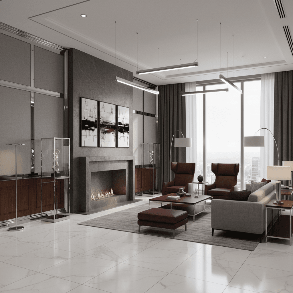 Design a high-end corporate office with a luxurious and sophisticated atmosphere. The space should feature rich, dark wood accents, such as espresso-stained oak, paired with sleek, metallic accents like polished chrome and silver. The walls should be painted a deep, neutral gray, while the floors are made of gleaming white marble. The lighting is a combination of warm, table lamps and dramatic, overhead LED lights in a polished chrome finish. Comfortable, high-backed leather armchairs and ottomans in a rich, burgundy hue are scattered throughout the space, accompanied by matching, low-profile sofas in a light gray fabric. A stunning, floor-to-ceiling stone fireplace serves as a focal point, surrounded by a curated selection of contemporary art pieces. The overall ambiance is one of understated luxury, with a focus on clean lines, minimalist decor, and a predominantly neutral color palette. - Luxury Corporate Office designed with AI by Interiores AI