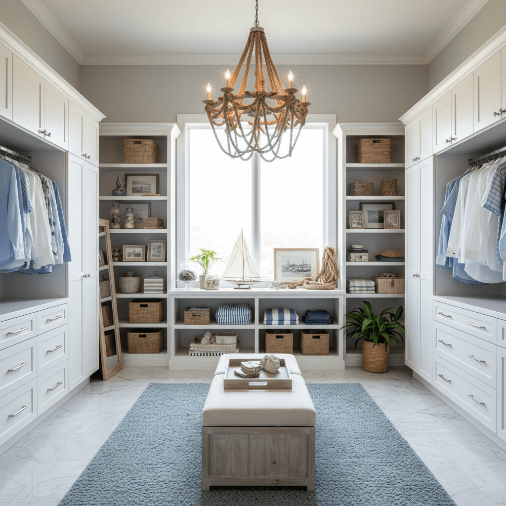 Create a spacious walk-in closet with a Modern Coastal aesthetic, featuring crisp white shaker cabinets, soft gray walls, and gleaming white marble floors. The space is flooded with natural light pouring in through a floor-to-ceiling window above the custom-built shelving unit, which showcases a curated collection of nautical-inspired accessories and textiles. A plush area rug in a soft blue hue adds warmth underfoot, while a sleek, low-profile storage ottoman in a weathered wood tone provides additional seating and storage. A show-stopping chandelier made from reclaimed driftwood and nautical ropes hangs above the closet, adding a touch of the coast to this serene retreat. - Modern Coastal Walk-in Closet designed with AI by Interiores AI