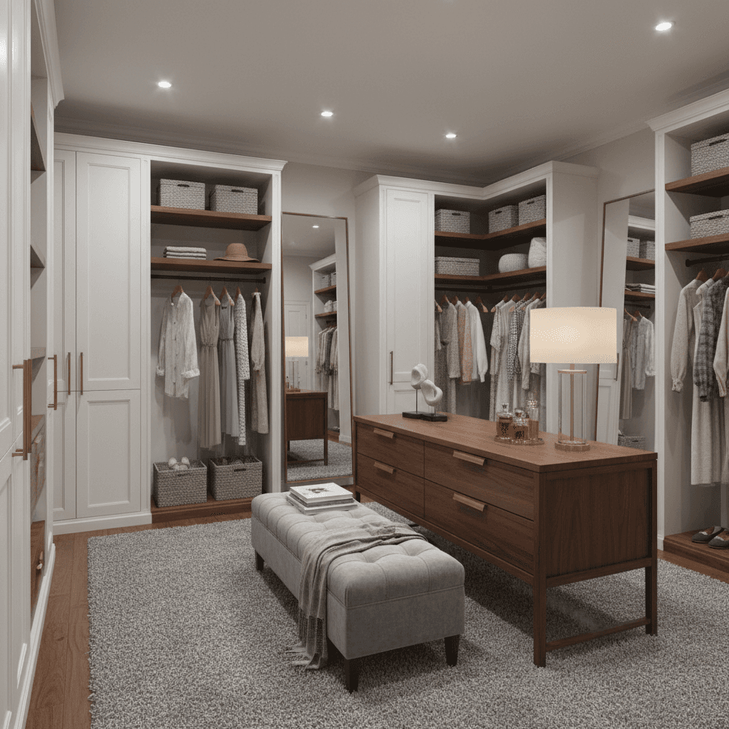 Design a spacious walk-in closet with a balanced transitional style, featuring a combination of modern and traditional elements. The space should be illuminated by a mix of overhead lighting and warm table lamps, with a soothing color palette of creamy whites, soft grays, and rich wood tones. The floor is covered with plush gray area rugs, while the walls are adorned with a mix of floor-to-ceiling white cabinets, wooden shelves, and decorative storage units. A statement piece, a sleek and modern wooden dresser, stands at the far end of the room, surrounded by a curated selection of stylish clothing racks and a plush velvet bench. The overall atmosphere is one of serene elegance, perfect for relaxing and getting ready for the day. - Balanced Transitional Walk-in Closet designed with AI by Interiores AI