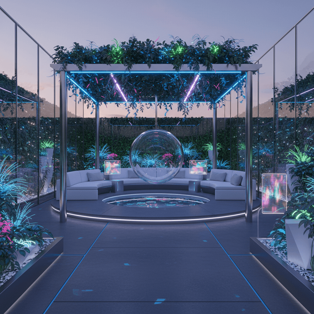 Create a futuristic backyard with a sleek, high-tech aesthetic, set amidst a lush, neon-lit landscape. The space features a metallic silver pergola with integrated LED lighting, supporting a canopy of glowing, fiber-optic plants. The floor is made of polished, dark-gray concrete, surrounded by a raised, circular seating area with built-in, holographic displays and soft, ambient LED lighting. The walls are lined with floor-to-ceiling, glass panels, allowing natural light to flood the space while maintaining a sense of seclusion. A futuristic, zero-gravity swing hangs from a central column, surrounded by a pool of crystal-clear, ionized water that reflects the surrounding neon lights. The overall atmosphere is one of cutting-edge innovation and futuristic luxury, with a hint of sustainable, eco-friendly design. - Futuristic Backyard designed with AI by Interiores AI