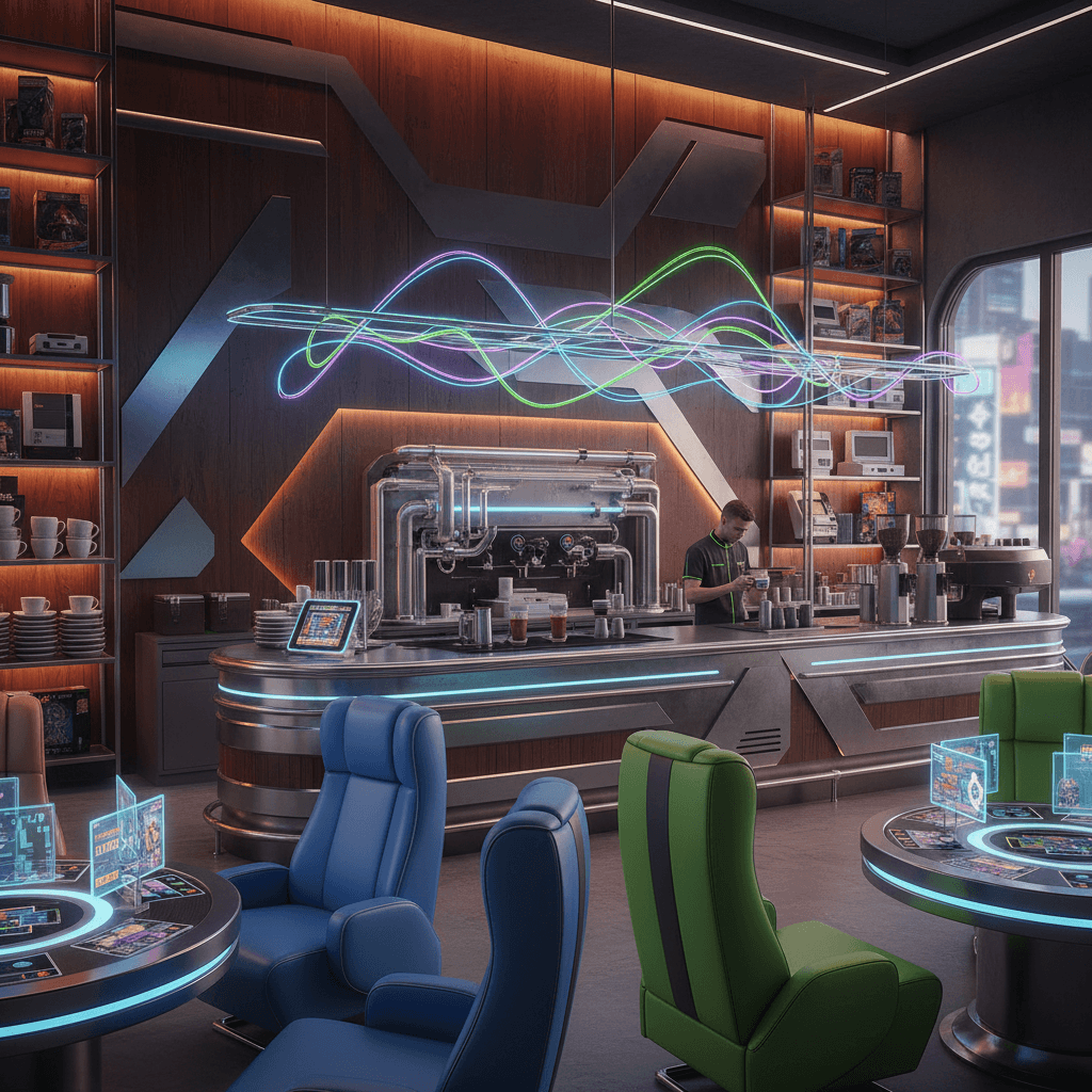 Design a futuristic coffee shop with a gaming room twist, inspired by the neon-lit arcades of the 80s. The space features a rich, dark wood accent wall with sleek, metallic accents and a show-stopping LED light installation above the counter. Comfortable, oversized gaming chairs in bold, electric blue and neon green hues are arranged around console tables, surrounded by floor-to-ceiling shelves stocked with vintage gaming consoles, rare collectibles, and rows of stacked coffee cups. Soft, ambient lighting casts a warm glow, and the air is filled with the hum of nostalgic video game soundtracks. The bar itself is a retro-futuristic marvel, with a gleaming, chrome-edged surface and a built-in, high-tech coffee brewing system. - Gaming Room Coffee Shop designed with AI by Interiores AI