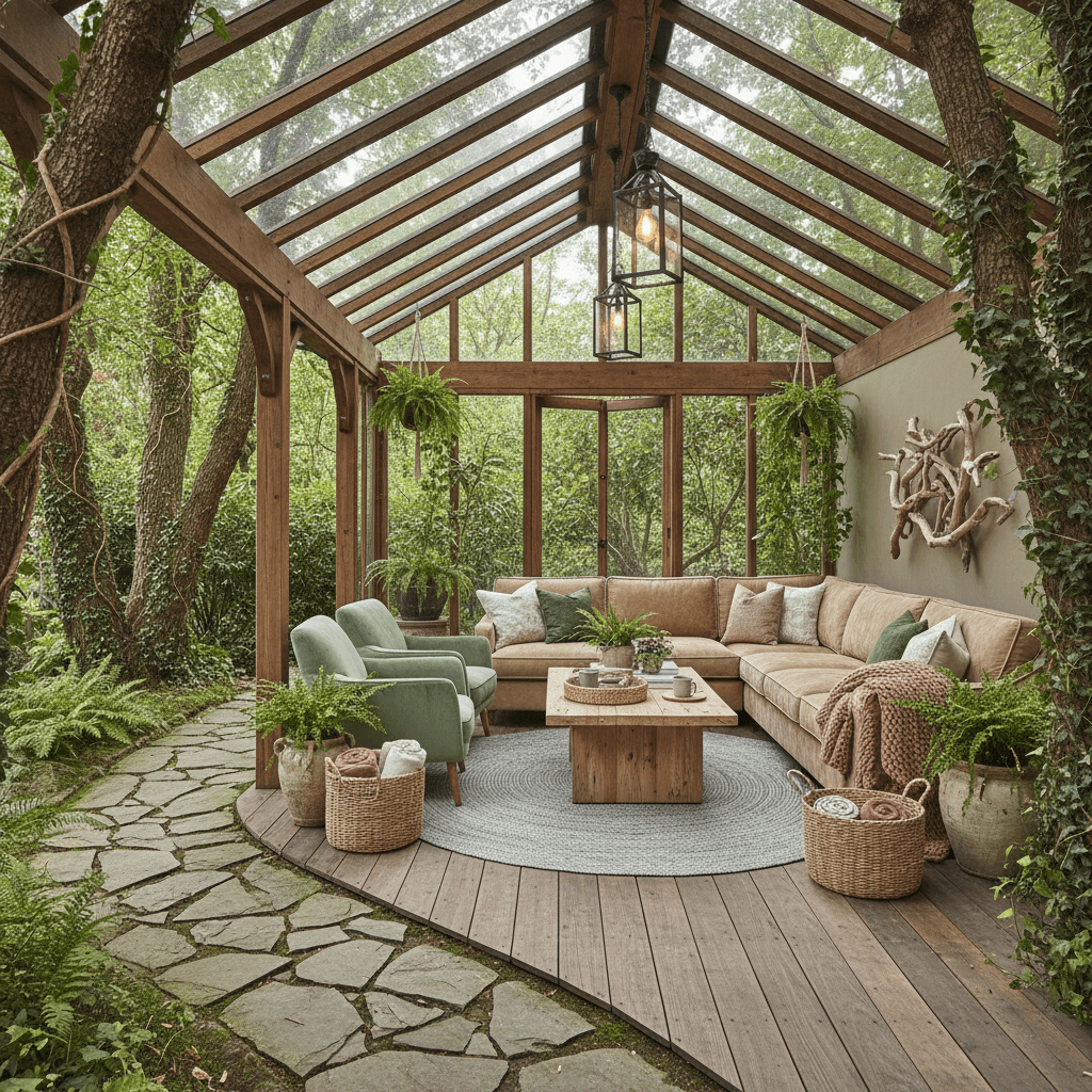 Design a cozy veranda with a warm and inviting atmosphere, perfect for a rustic Airbnb retreat. The veranda is surrounded by tall trees with sprawling vines, and a meandering stone path leads up to the entrance. The space is approximately 12 feet by 20 feet, with a sloping roof that allows natural light to pour in. Incorporate plush outdoor furniture, such as a velvet-covered sectional sofa and a pair of armchairs, in earthy tones like sage green, sandy beige, and weathered wood. Add warmth with a reclaimed wood coffee table, lantern-style pendant lights, and a statement piece of driftwood art. Incorporate natural textures like wicker, rattan, and jute through the use of woven baskets, rugs, and throw pillows. The color palette should feature soothing shades of moss, dusty rose, and soft gray, with pops of bright greenery to bring in a sense of freshness. - Cozy Airbnb Veranda designed with AI by Interiores AI