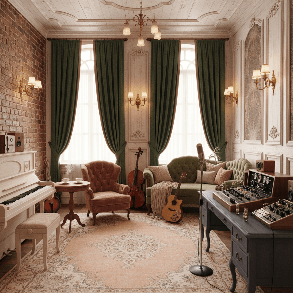 Imagine a cozy, vintage-inspired recording studio with a Shabby Chic twist, evoking a warm, eclectic atmosphere. Soft, creamy whites and pale peaches dominate the palette, accented by muted greens and dusty blues. Distressed wood paneling and vintage-inspired trim add a touch of whimsy, while plush, velvety banquettes in mossy green and blush pink provide comfortable seating areas. Warm, golden lighting pours in through ornate, antique sconces, casting a flattering glow on the artist. A plush, over-stuffed armchair in a rich, berry-wine hue sits against a backdrop of exposed brick, inviting relaxation and creative expression. Rich, velvety curtains in a deep, jewel-toned emerald green frame the studio's large windows, filtering the light and adding to the intimate, cozy ambiance. - Shabby Chic Recording Studio / Streaming designed with AI by Interiores AI