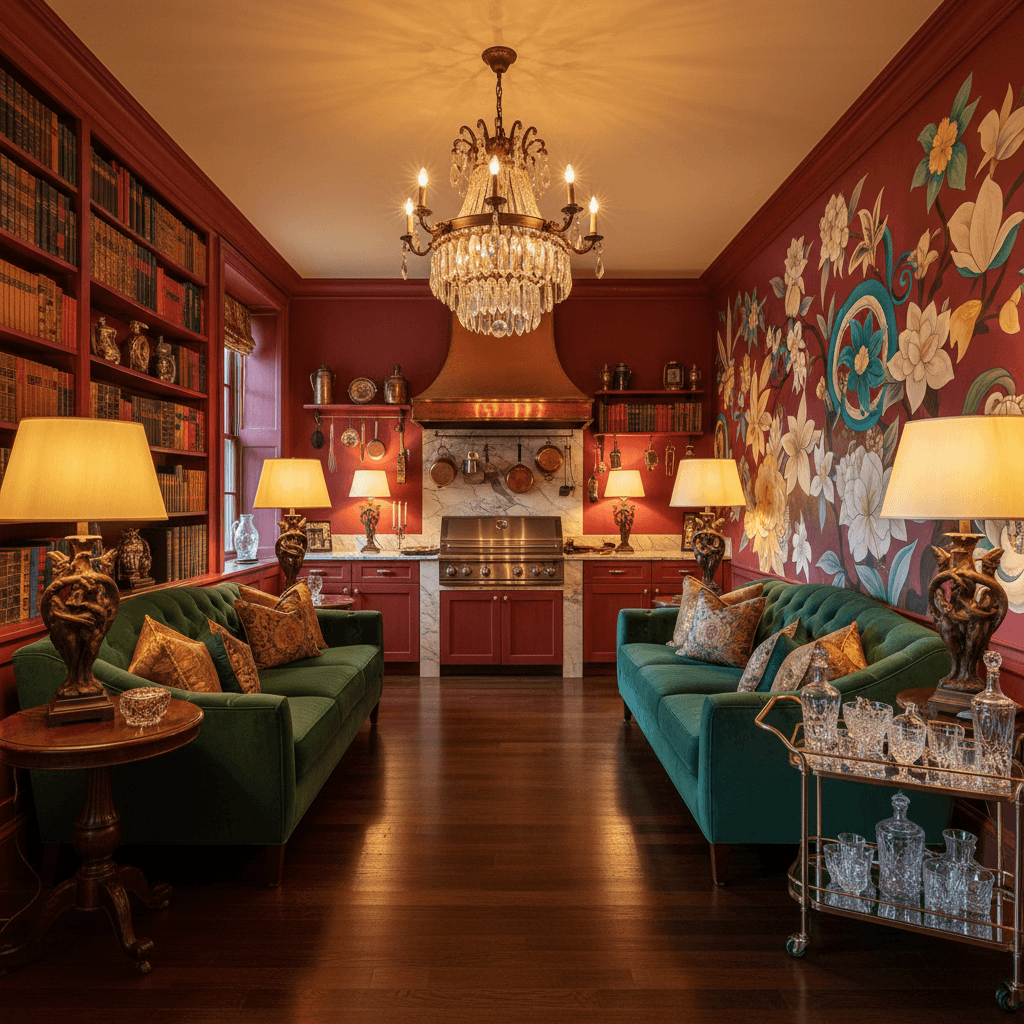 Envision a Grill Area that embodies opulence and drama, characteristic of the Maximalist style. The space is a masterful blend of rich textures, bold colors, and statement pieces. Warm golden lighting spills from table lamps with ornate bronze bases, casting a cozy glow on plush, velvet sofas in deep emerald green. The walls are painted a deep, berry-wine red, while the floors are made of dark, polished hardwood. A stunning, hand-painted mural on one wall adds a touch of whimsy, featuring florals and foliage in shades of turquoise and ivory. The room is filled with an assortment of eclectic, oversized decorative pieces, including a vintage, bronze chandelier, a collection of rare, leather-bound books, and a show-stopping, crystal-encrusted bar cart. - Maximalist Grill designed with AI by Interiores AI