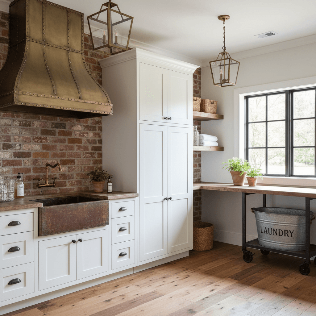 Create a Laundry Room in a Modern Farmhouse style with a warm and inviting atmosphere, featuring a combination of rustic and industrial elements. The space should have a large, white shaker-style cabinet for storage, a distressed wood farmhouse sink, and a vintage-inspired metal range hood. The walls should be painted a soft, creamy white (such as Sherwin-Williams' ProClassic White) and the floors should be made of reclaimed wood planks in a light, honey-brown color. Exposed brick or a brick accent wall adds warmth, while metal lantern-style lighting fixtures in a warm, brass finish hang from the ceiling, casting a cozy glow. The space should also include a built-in shelf for folding clothes and a utility cart with a vintage-style metal bucket for sorting laundry. - Modern Farmhouse Laundry Room designed with AI by Interiores AI